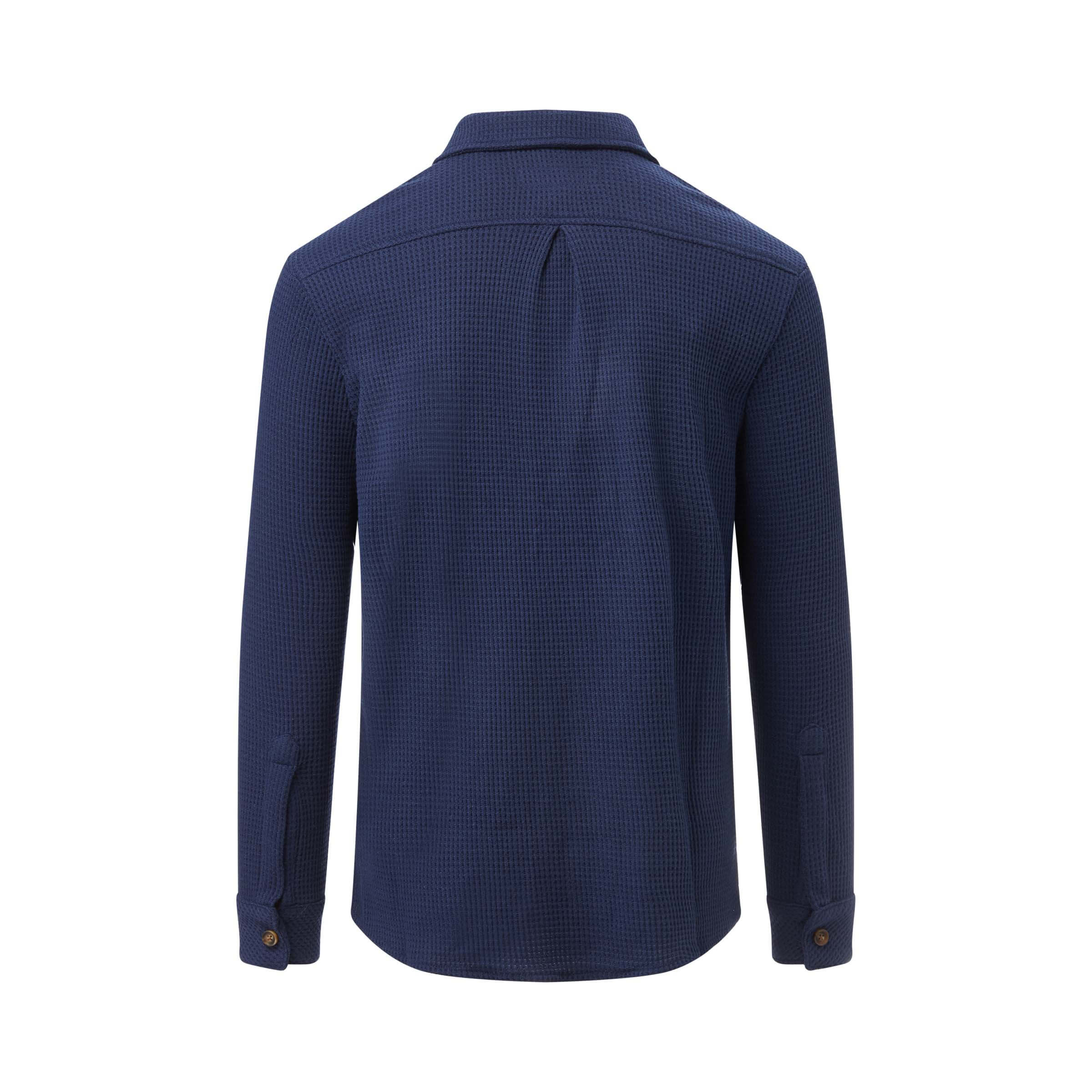 Rear view of navy WaffleWeave Casual Shirt with magnetic front closure and dual pockets for enhanced comfort.