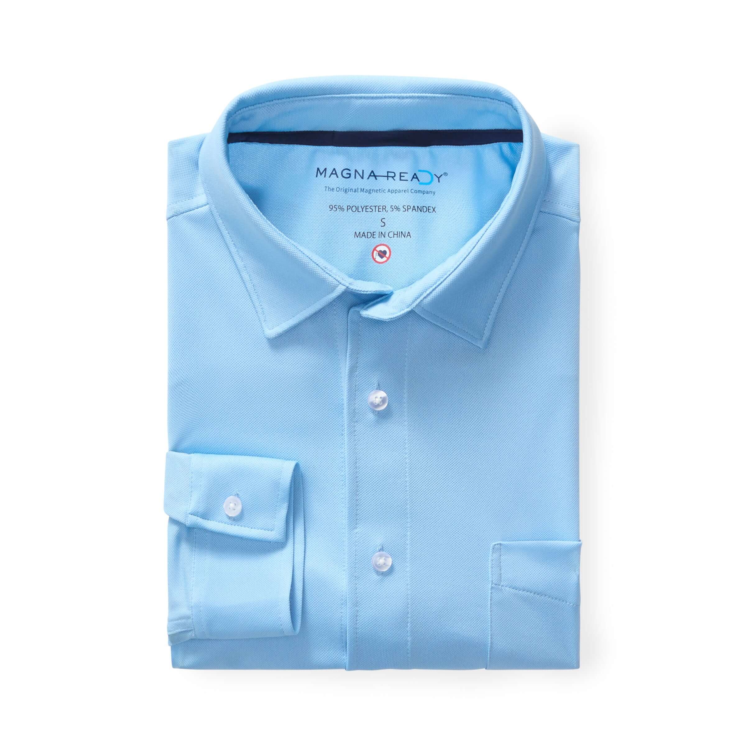 MagnaReady Carolina Blue Magnetic Front Long Sleeve Cooling Tech Shirt folded, made from polyester and spandex.