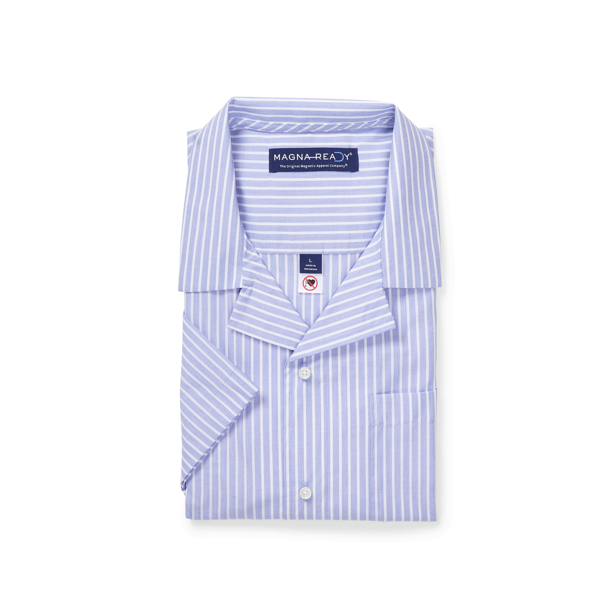 Short sleeve blue stripe 'Landry' untucked camp shirt with magnetic closures for adaptive style.