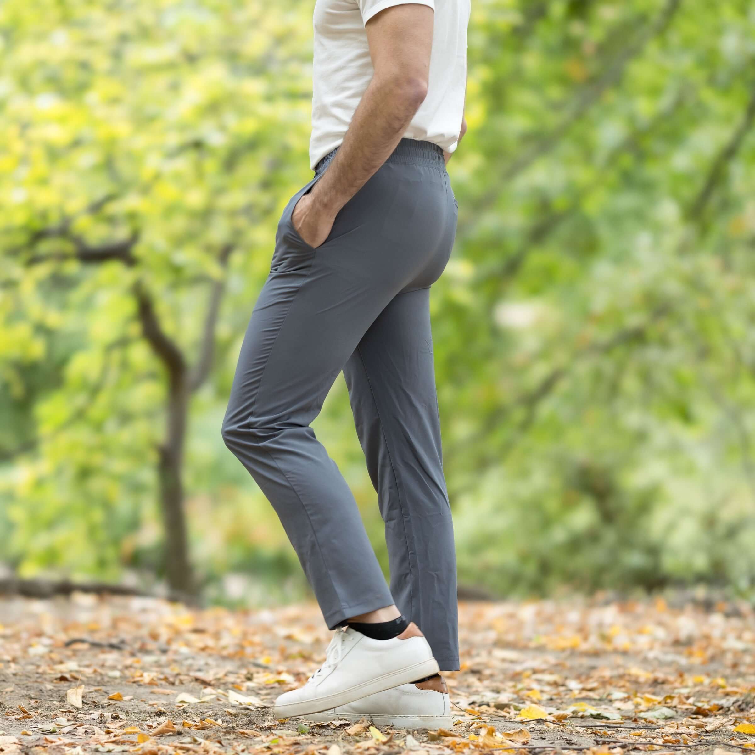 Men's elastic waist adaptive track pants in charcoal grey, perfect for casual wear and outdoor activities.