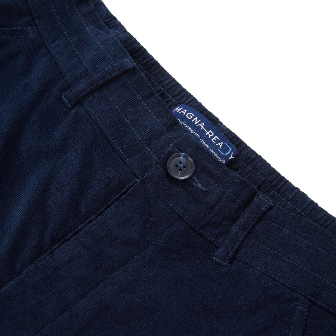 Navy Fine Whale Adaptive Corduroy Pant with magnetic fly, designed for comfort and ease of use.