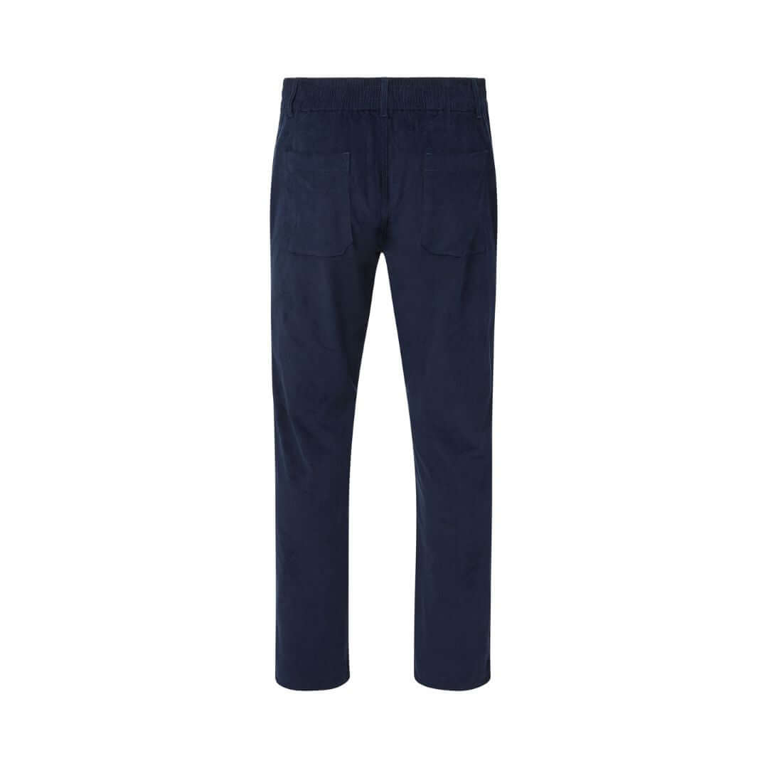 Back view of Navy Fine Whale Adaptive Corduroy Magnetic Fly Front Pant with stretch waistband and pockets.