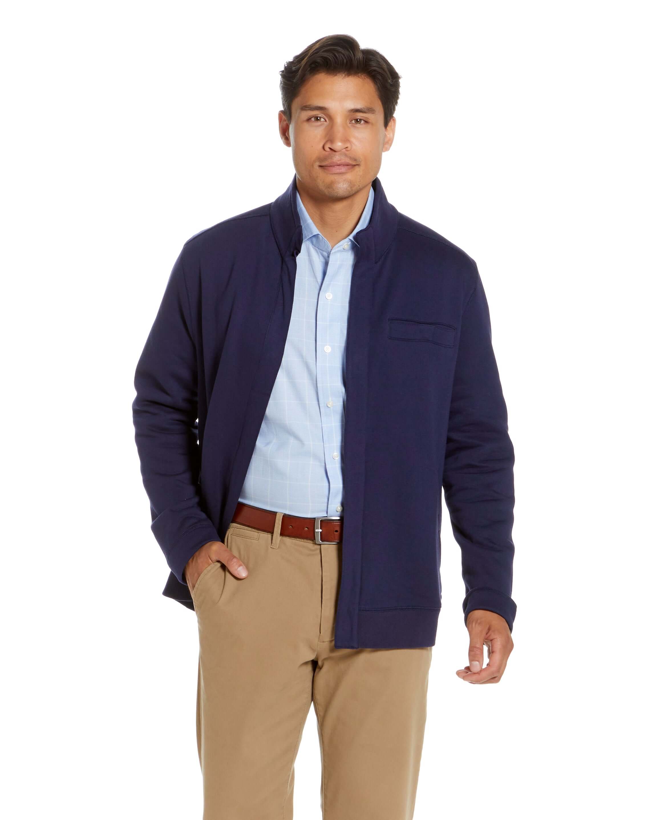 Navy long sleeve Dillon jacket with magnetic closures, providing stylish and comfortable adaptive wear for men.