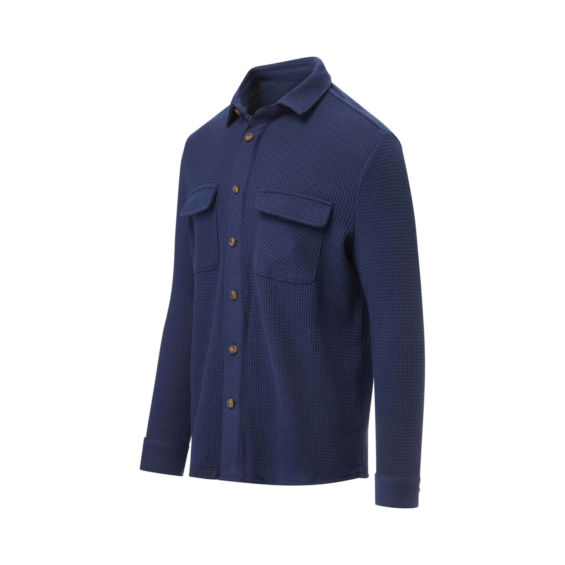 Navy Magnetic Front Button WaffleWeave Casual Shirt with dual pockets, showcasing comfort and style.