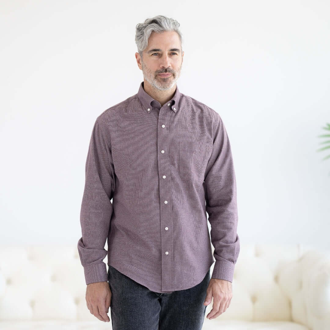 Red and grey long sleeve button-down collar shirt with magnetic closures, designed for easy dressing and comfort.