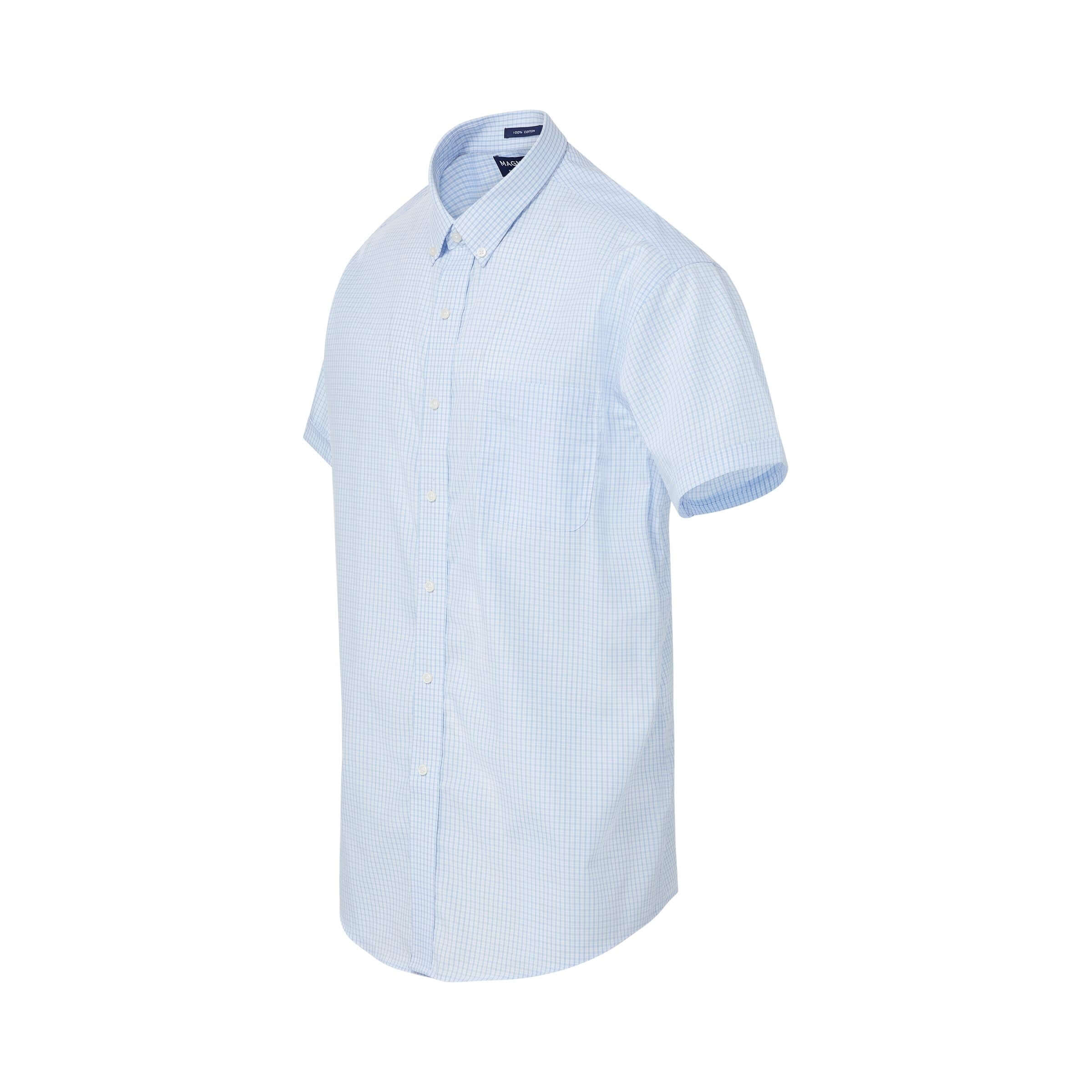 Short sleeve baby blue and white micro plaid MagnaReady shirt with magnetic closures, designed for adaptive wear.