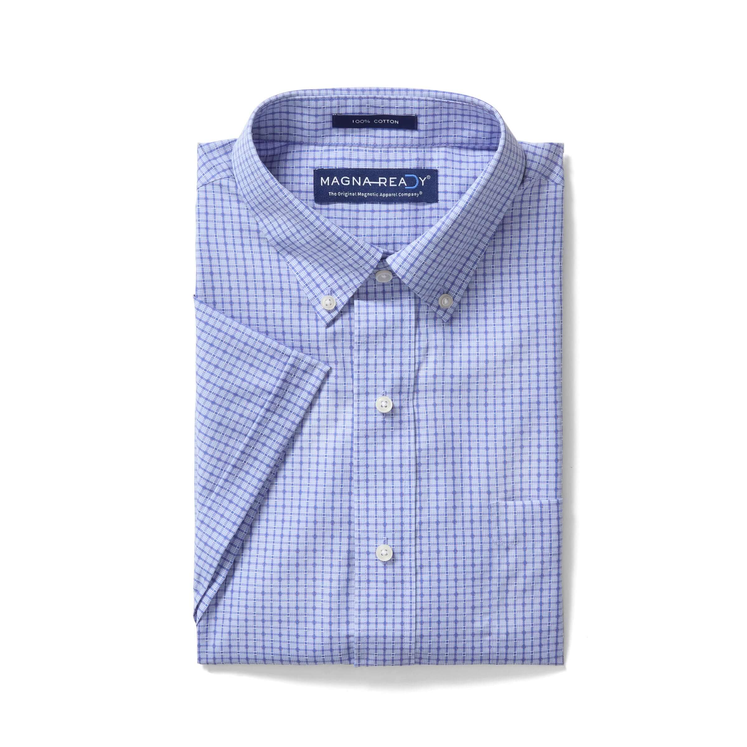 Short sleeve blue and red check cotton shirt with magnetic closures and pocket, folded neatly.
