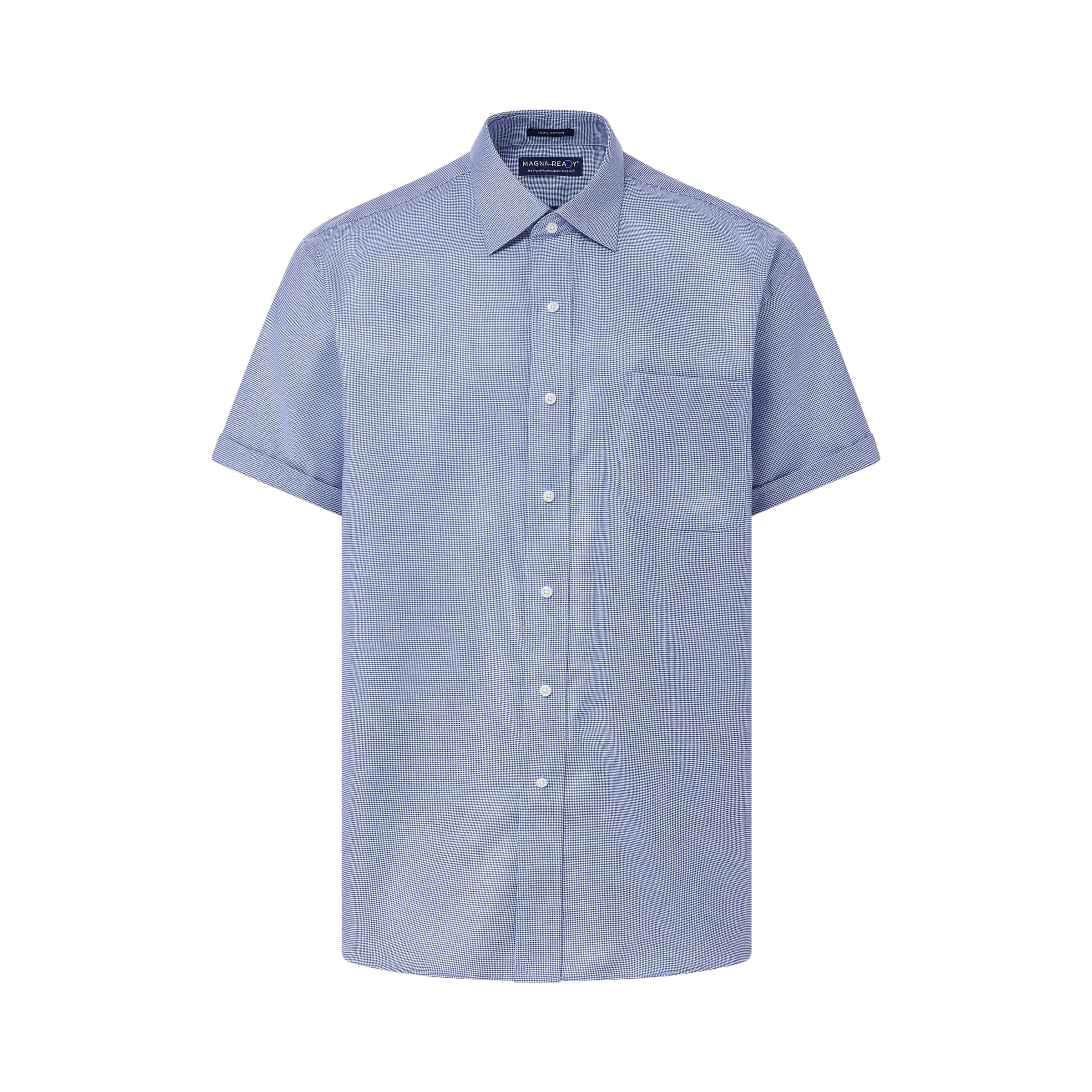 Short sleeve blue 'Ryan' spread collar adaptive cotton shirt with magnetic closures.