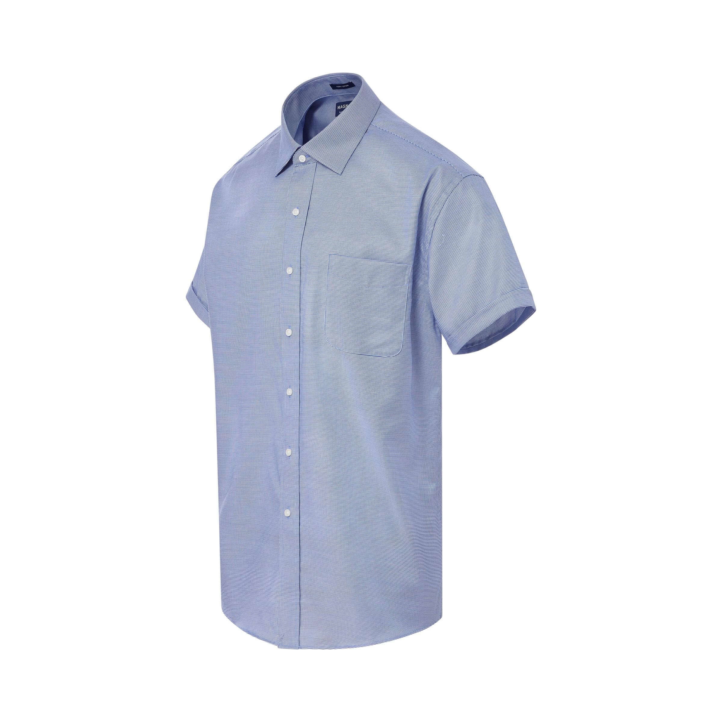 Short sleeve blue cotton shirt with spread collar and pocket, designed for comfort and independence