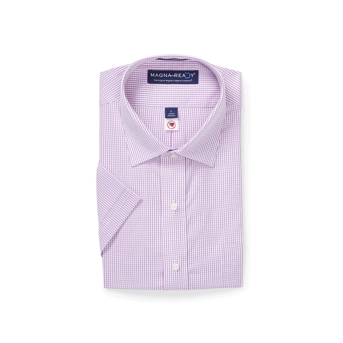 Burgundy micro check 'Ryan' short sleeve cotton shirt with spread collar and magnetic closures.