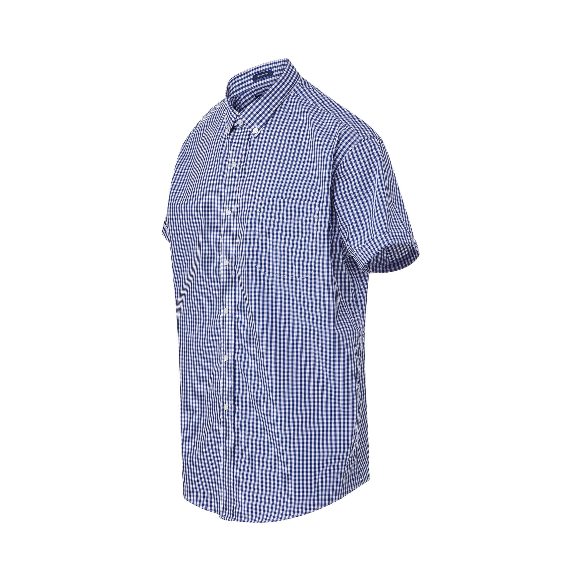 Short sleeve navy and white gingham shirt with button-down collar, designed for adaptive wear and comfort.