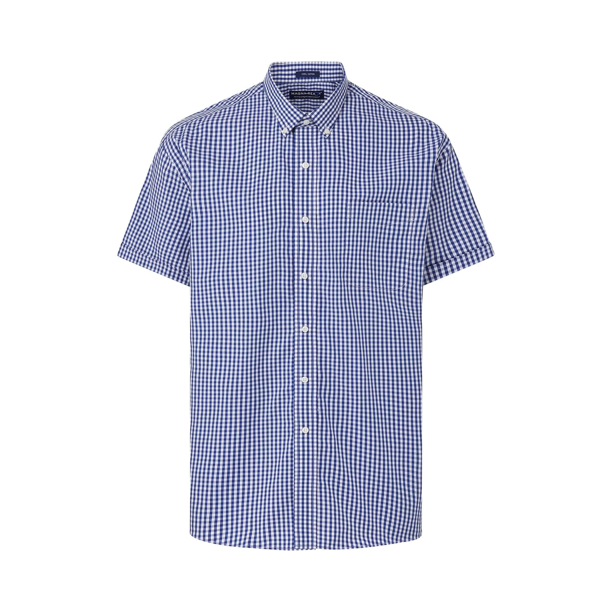Short sleeve navy and white gingham shirt with button-down collar and magnetic closures, designed for adaptive wear.