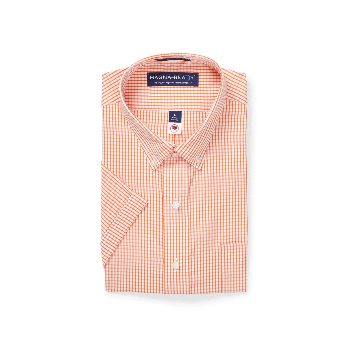 Short sleeve orange and white gingham cotton shirt by MagnaReady, designed for adaptive wear and easy dressing.
