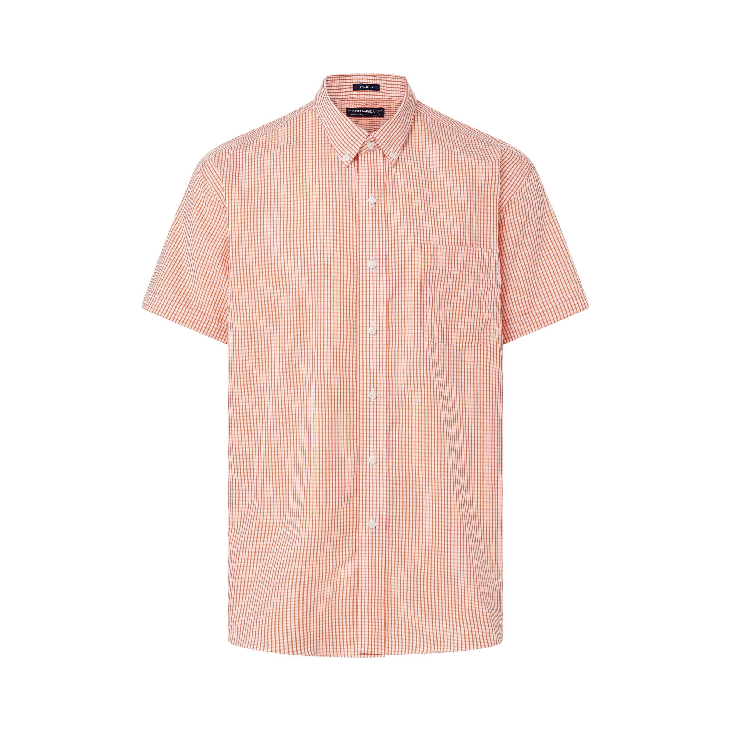 Short sleeve orange and white gingham cotton shirt with button-down collar, designed for adaptive wear.