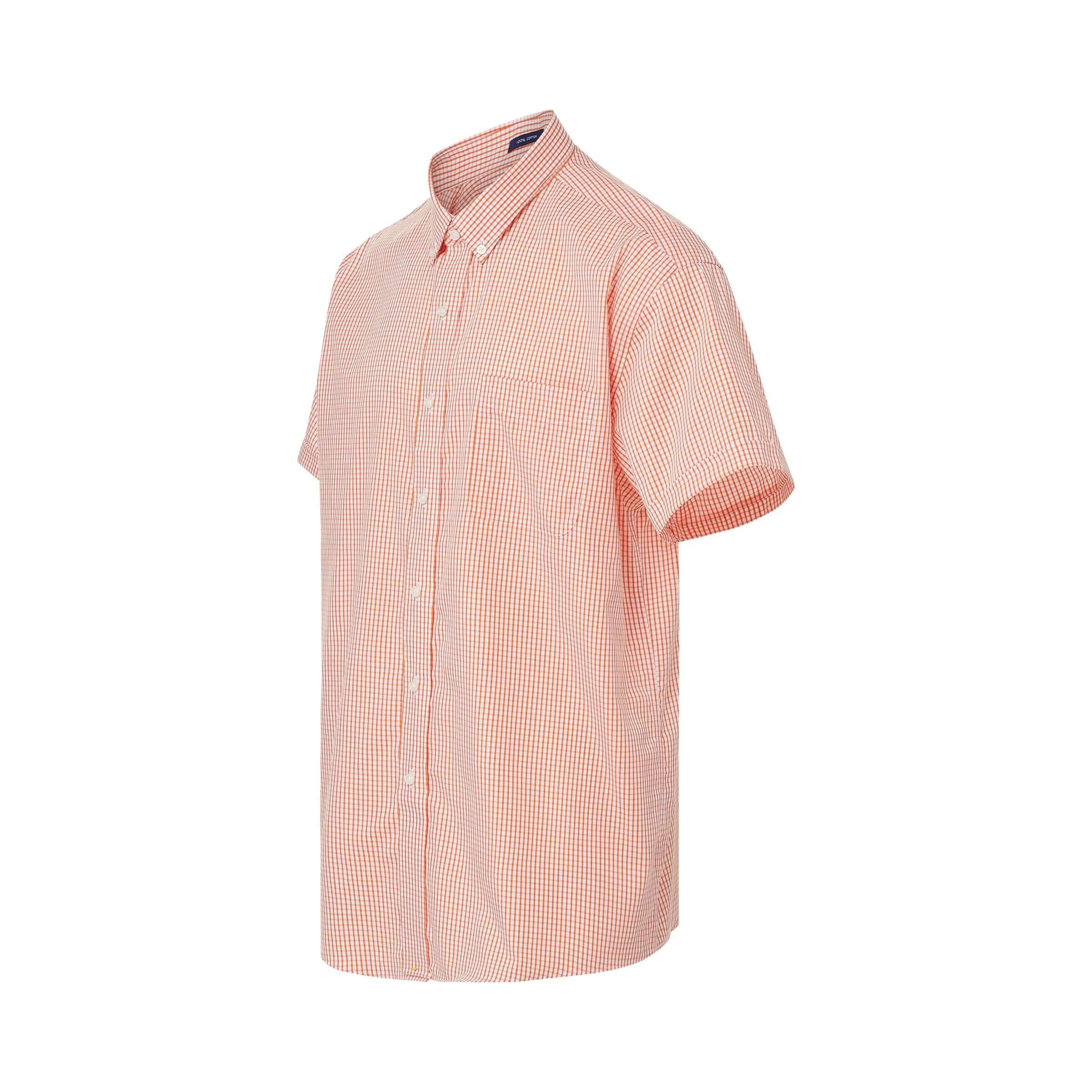 Short sleeve orange and white gingham cotton shirt with button-down collar, designed for comfort and accessibility.