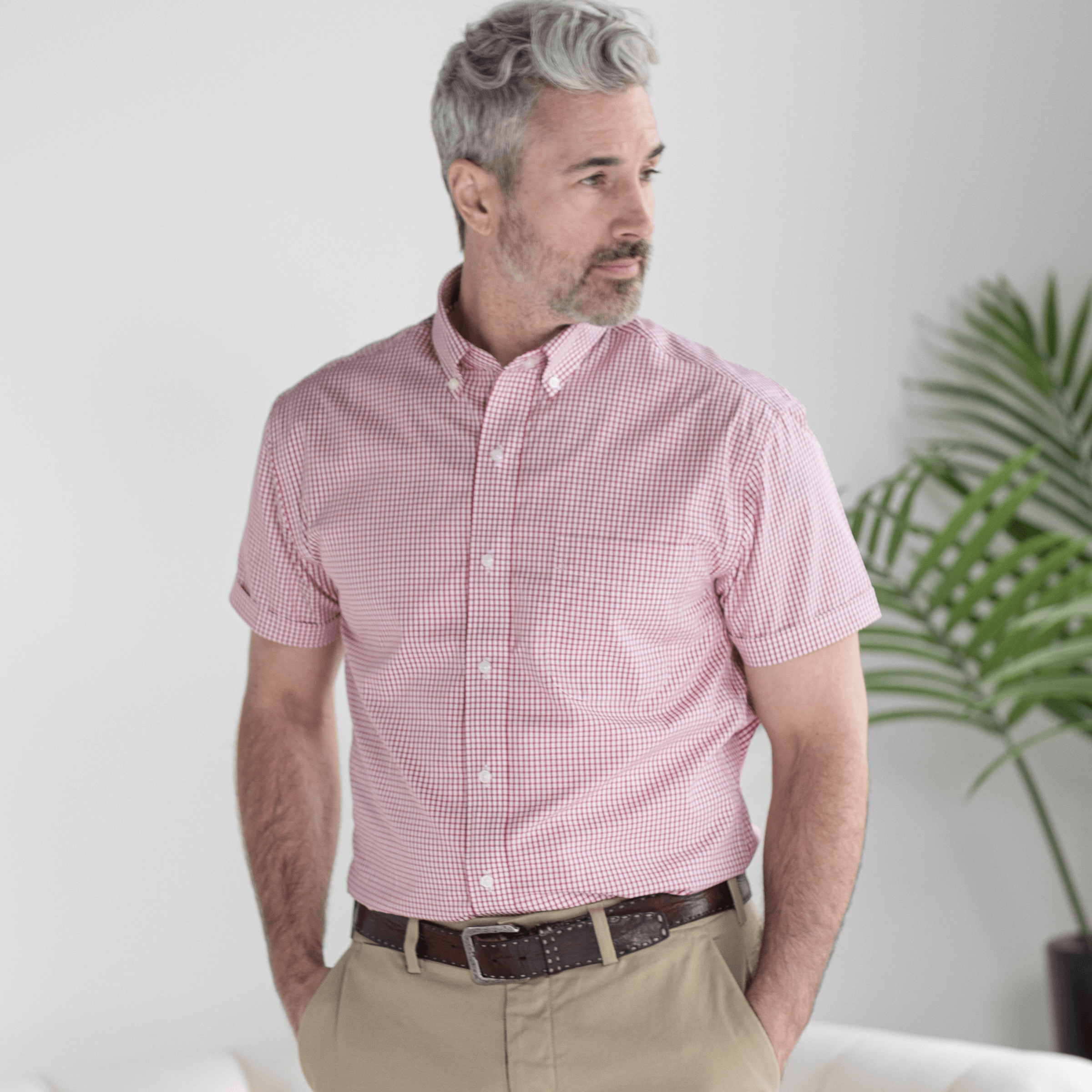 Short sleeve red and white 'Heights' cotton shirt with magnetic closures for adaptive wear.