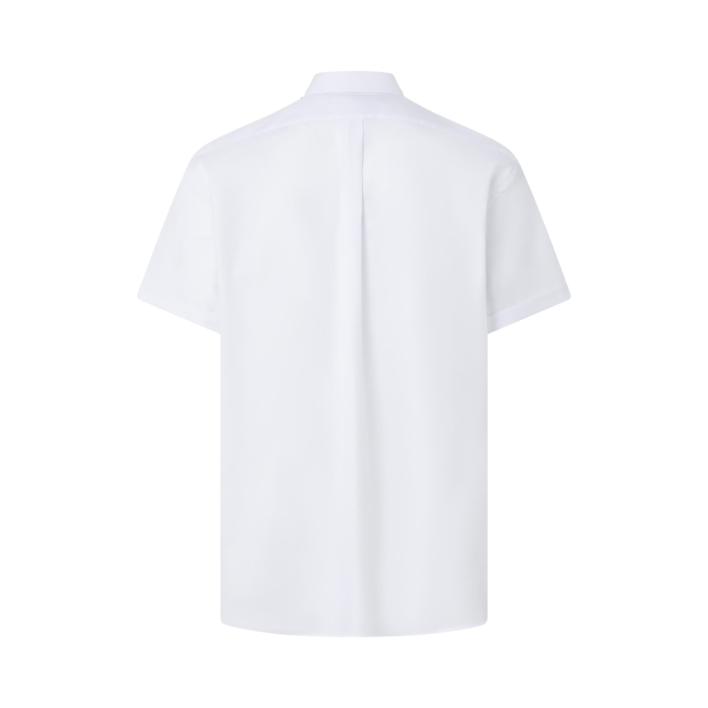 Back view of Short Sleeve Solid White ‘Ryan’ Spread Collar 80's 2ply Cotton Shirt with Magnetic Closures.