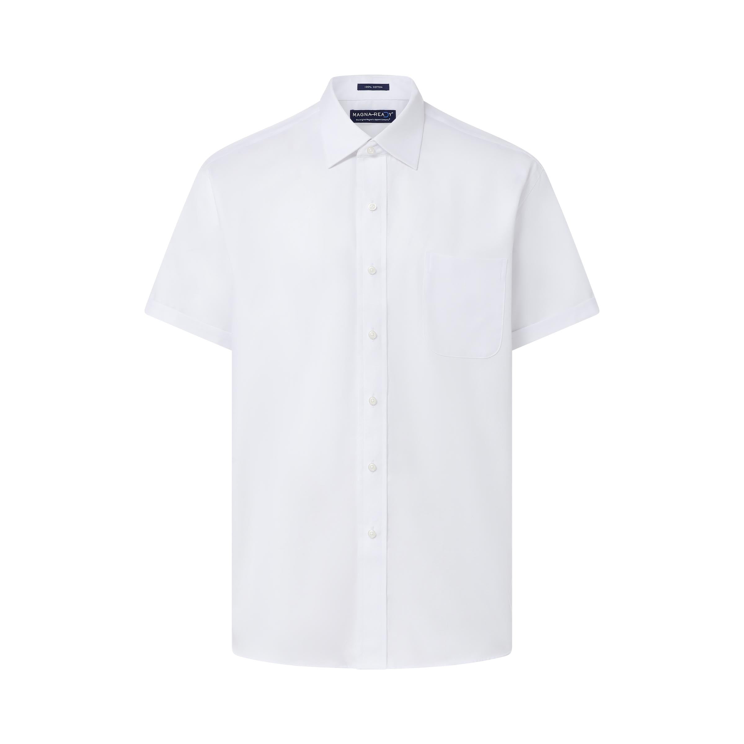 Short sleeve solid white adaptive 'Ryan' spread collar shirt with magnetic closures for comfort and independence.