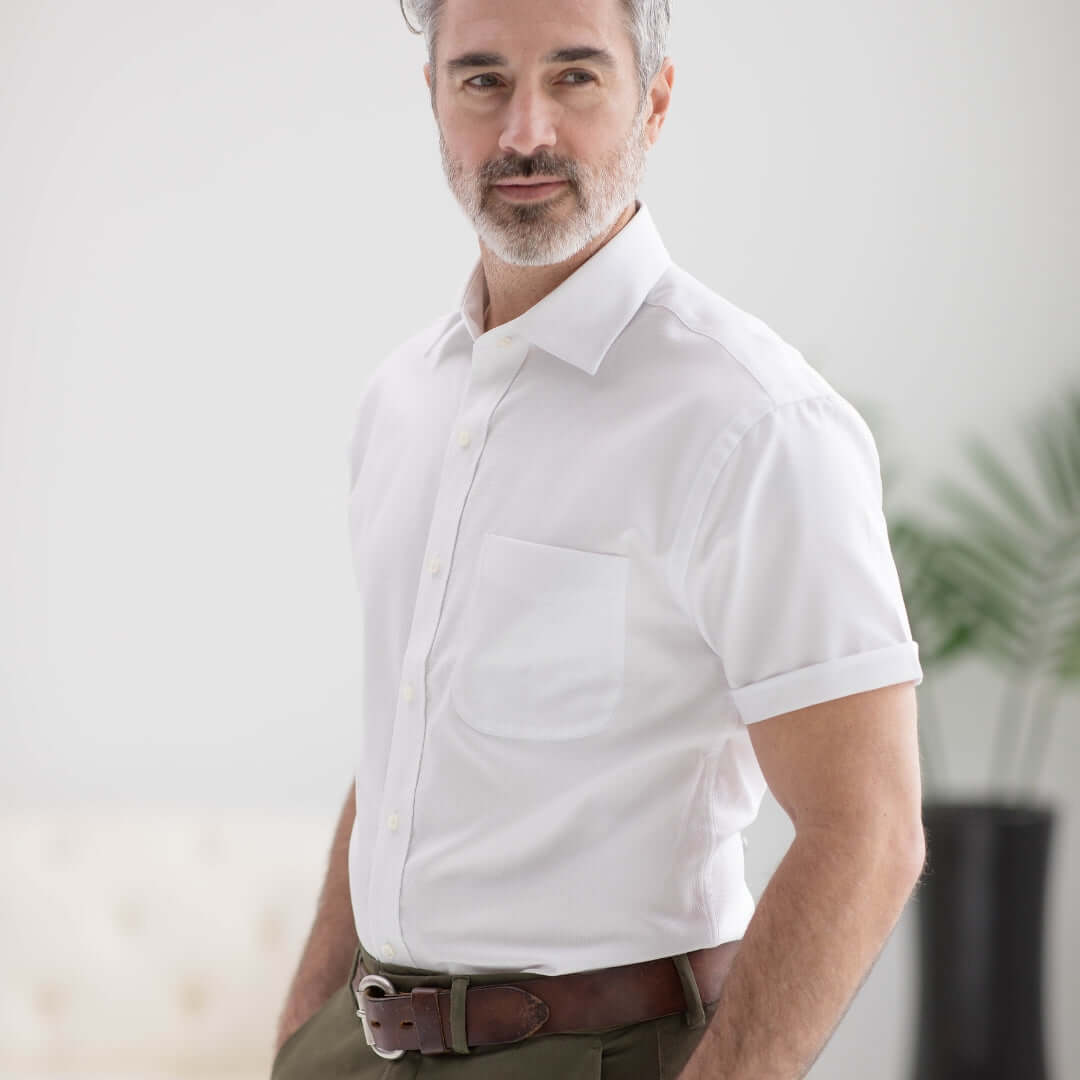 Short Sleeve Solid White 'Ryan' Spread Collar Cotton Shirt with Magnetic Closures on model.