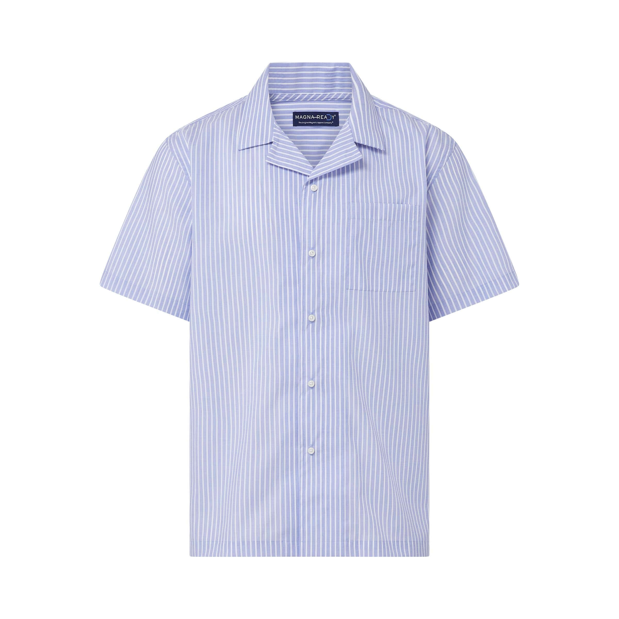 Short sleeve untucked blue stripe 'Landry' camp shirt featuring magnetic closures for adaptive comfort.