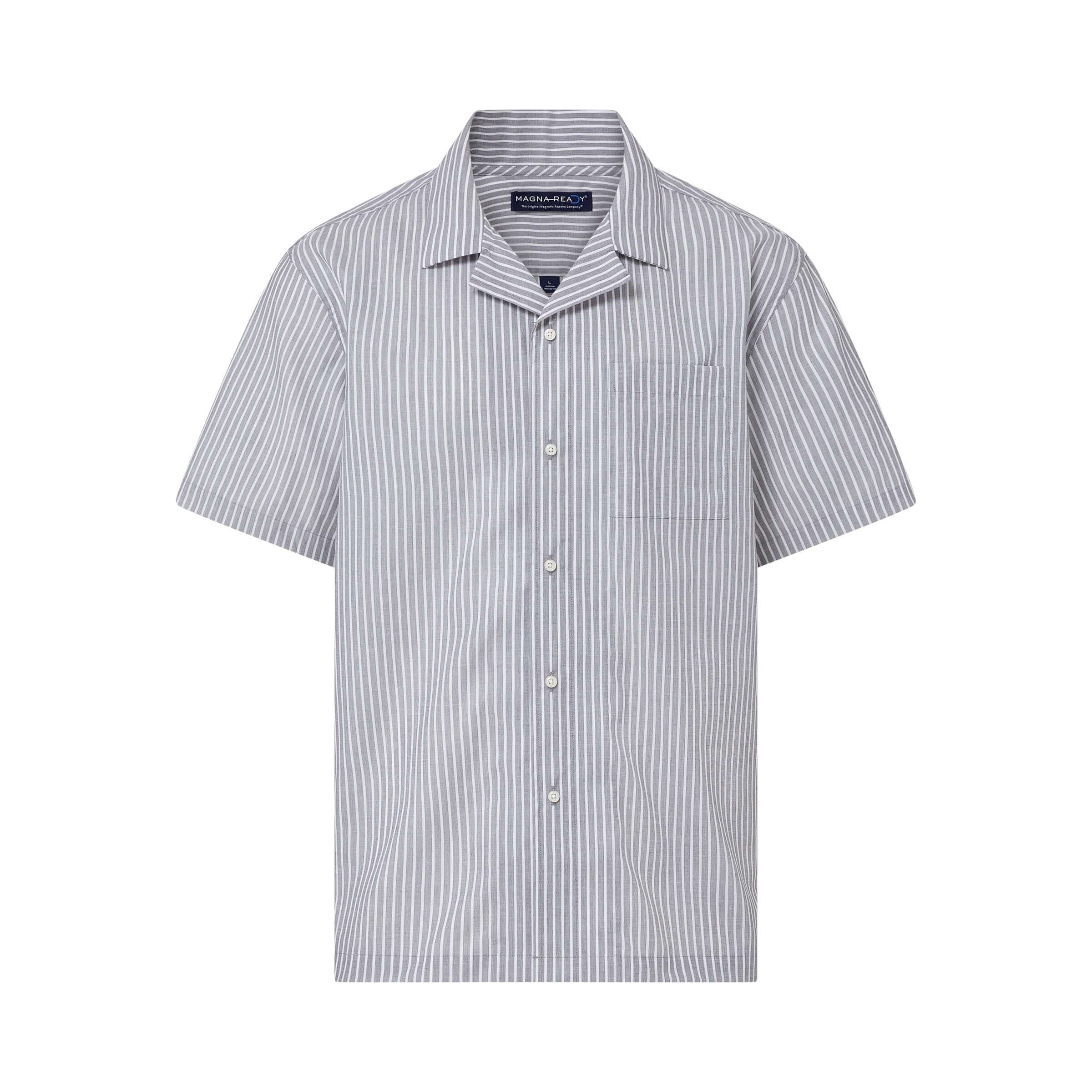 Short sleeve grey striped camp shirt with magnetic closures for modern men, stylish and adaptive.