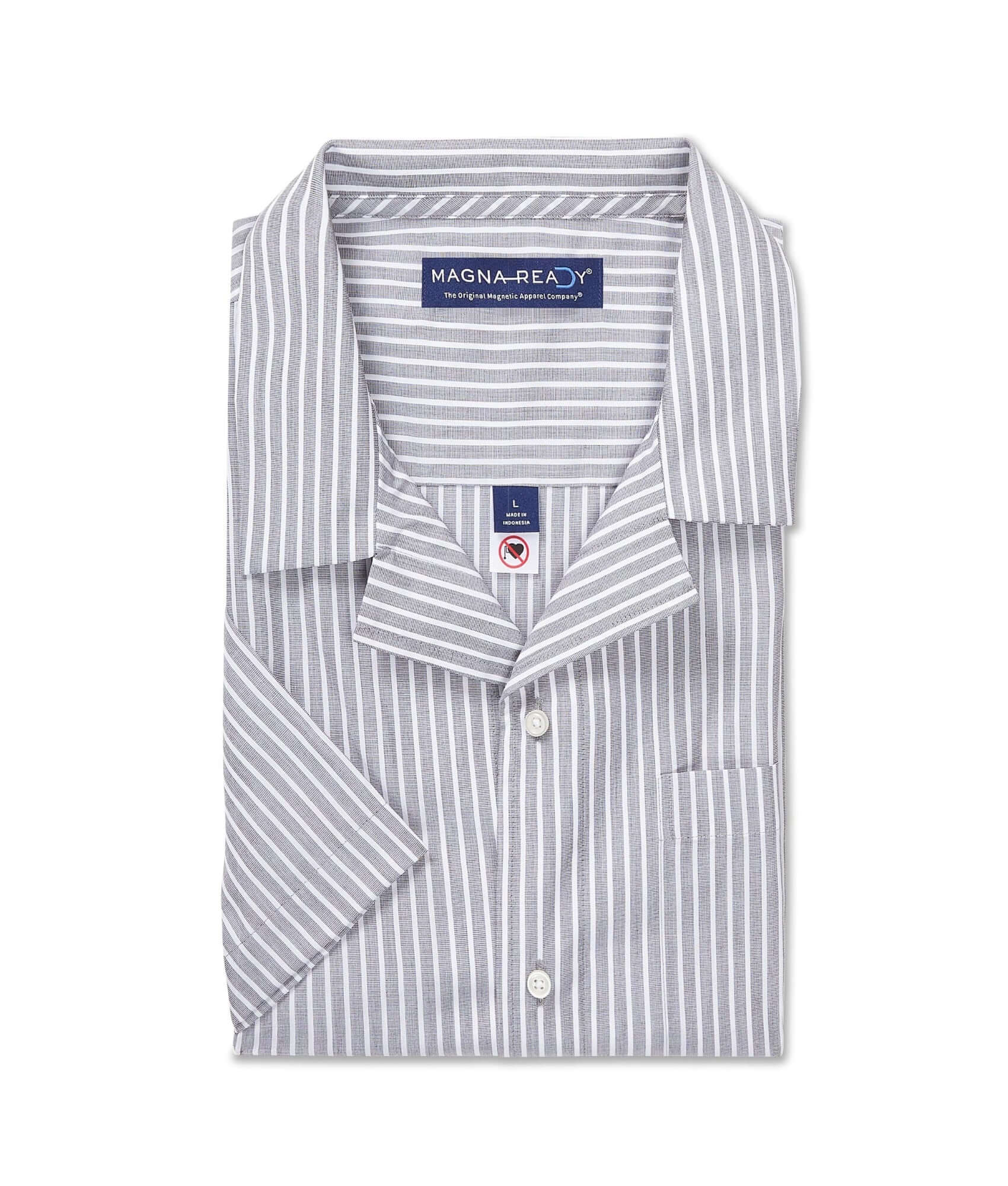 Short sleeve untucked grey 'Landry' camp shirt with magnetic closures and striped design, perfect for casual styling.