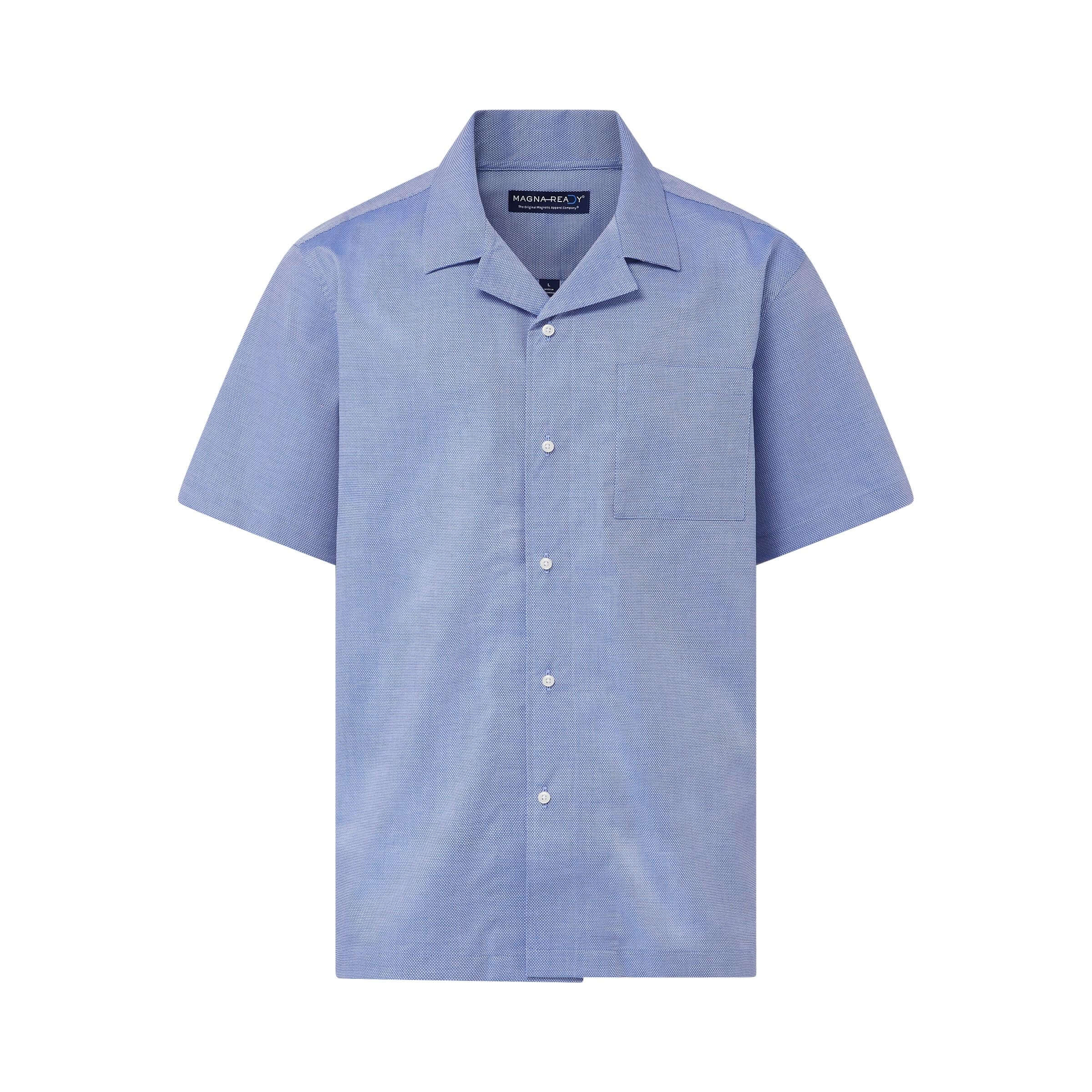 Short sleeve solid blue untucked Landry camp shirt featuring magnetic closures and modern design.