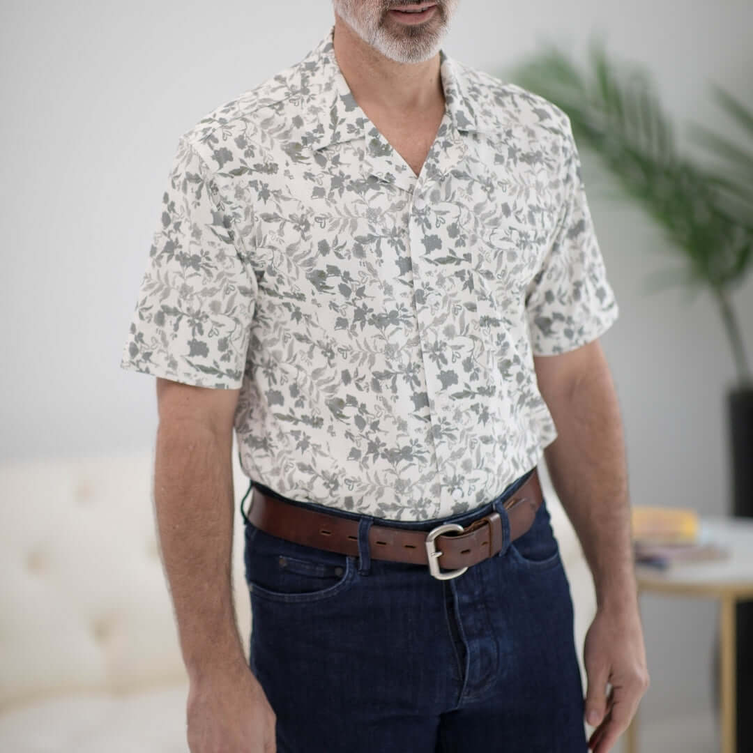 Adaptive grey floral untucked short sleeve shirt designed for comfort and accessibility in daily wear.