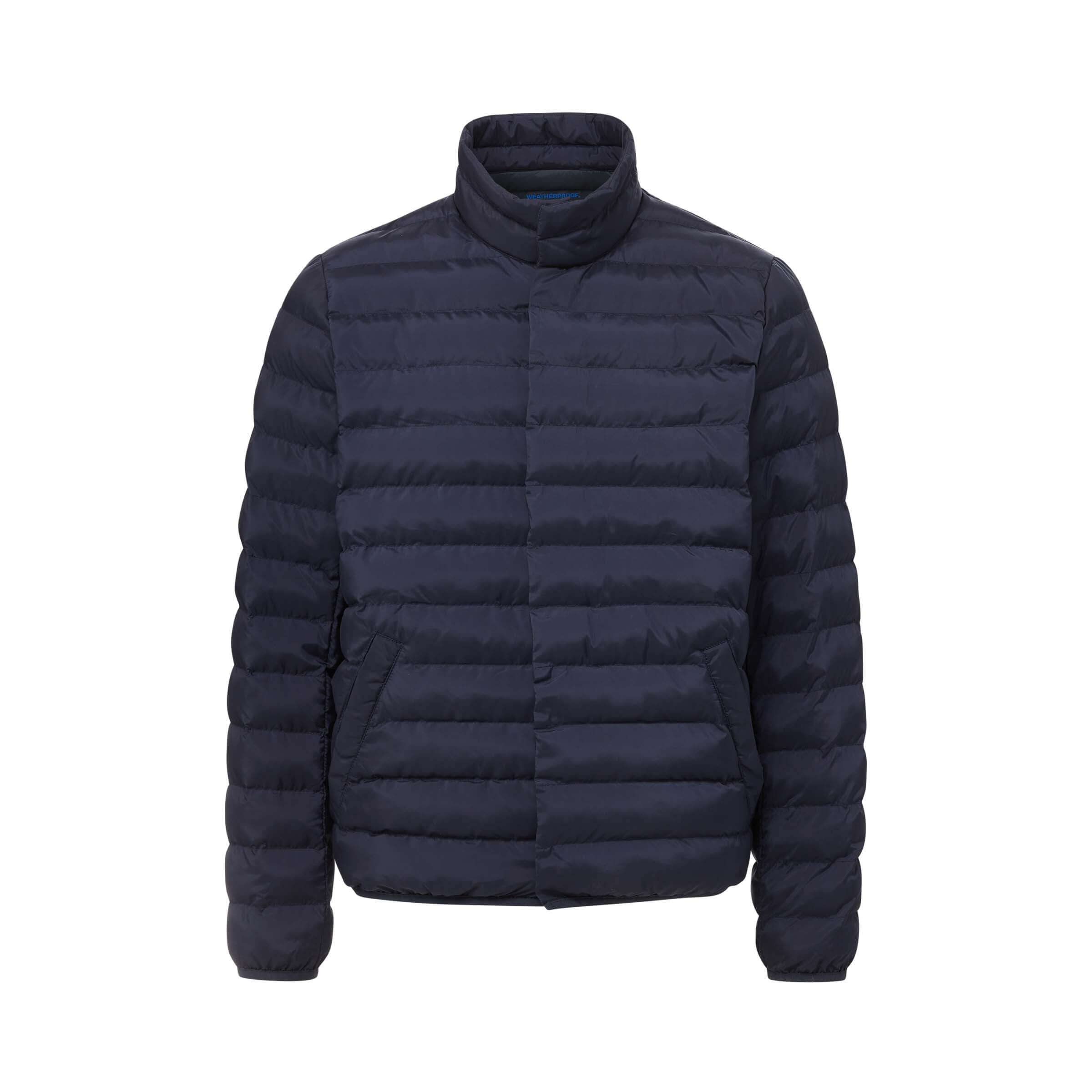 Navy weatherproof puffer jacket from MagnaReady with magnetic closure for effortless wear and water resistance.