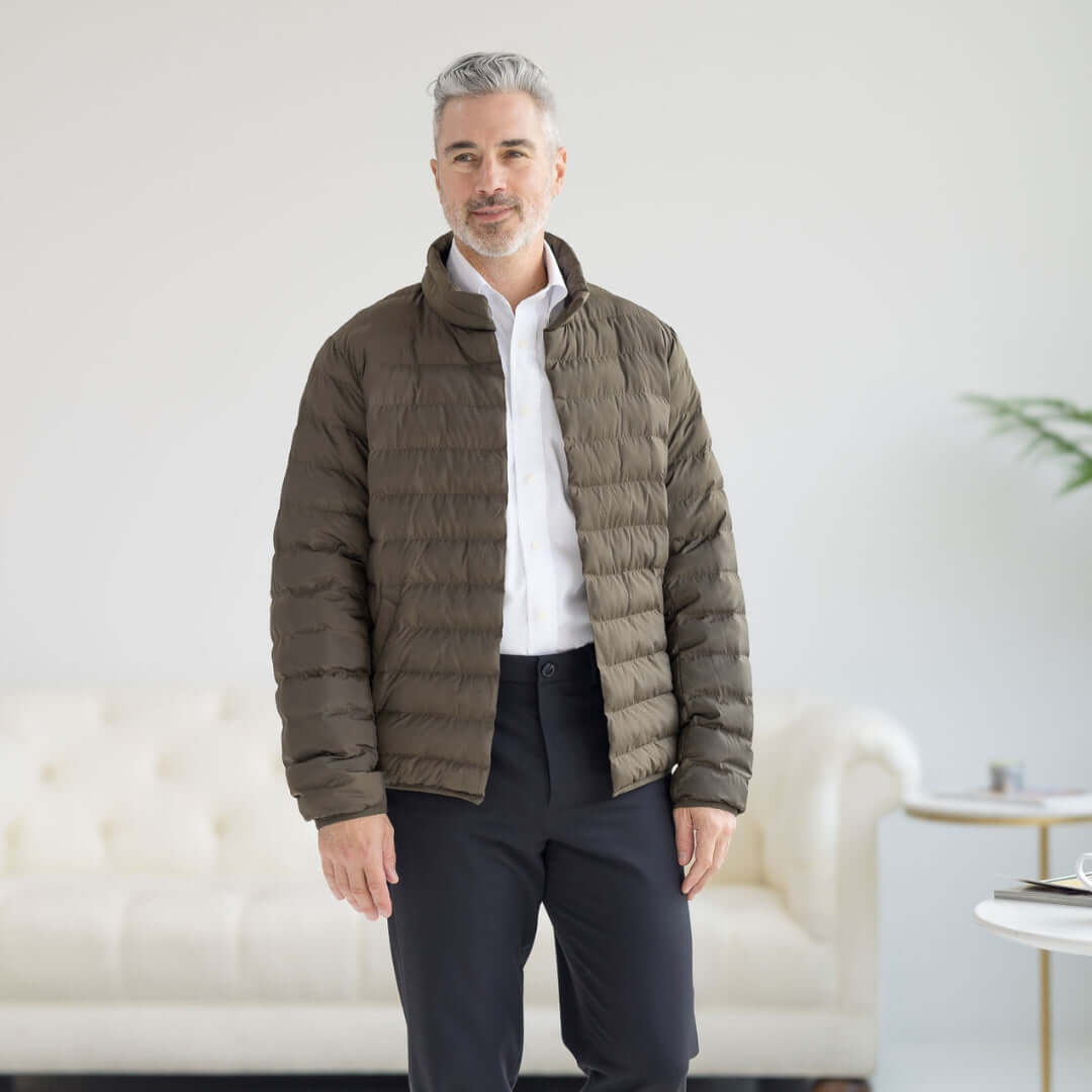 Olive Weatherproof x MagnaReady magnetic front puffer jacket, water-resistant, stylish and comfortable design.