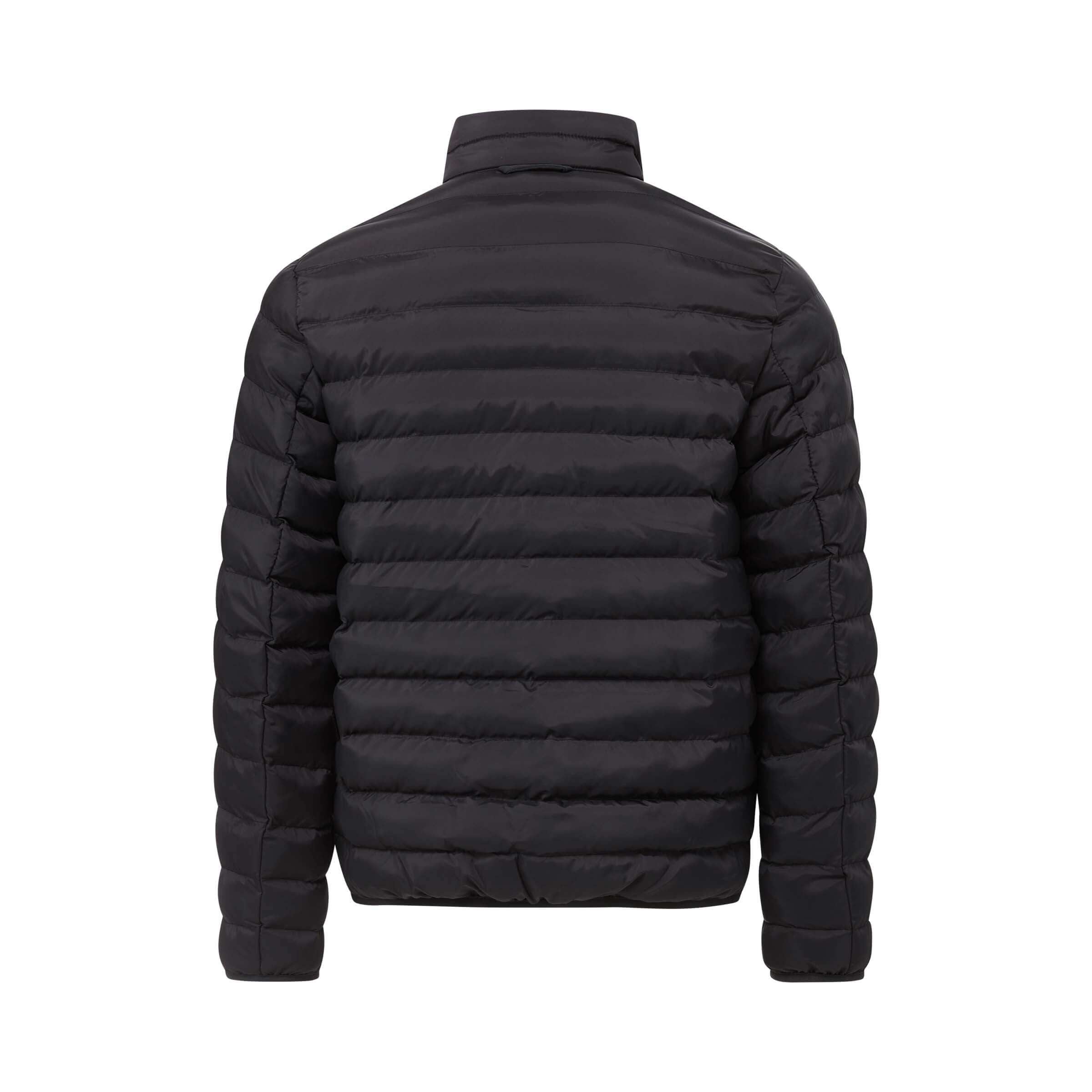 Back view of Weatherproof x MagnaReady black puffer jacket showcasing its water-resistant design and magnetic closure technology.