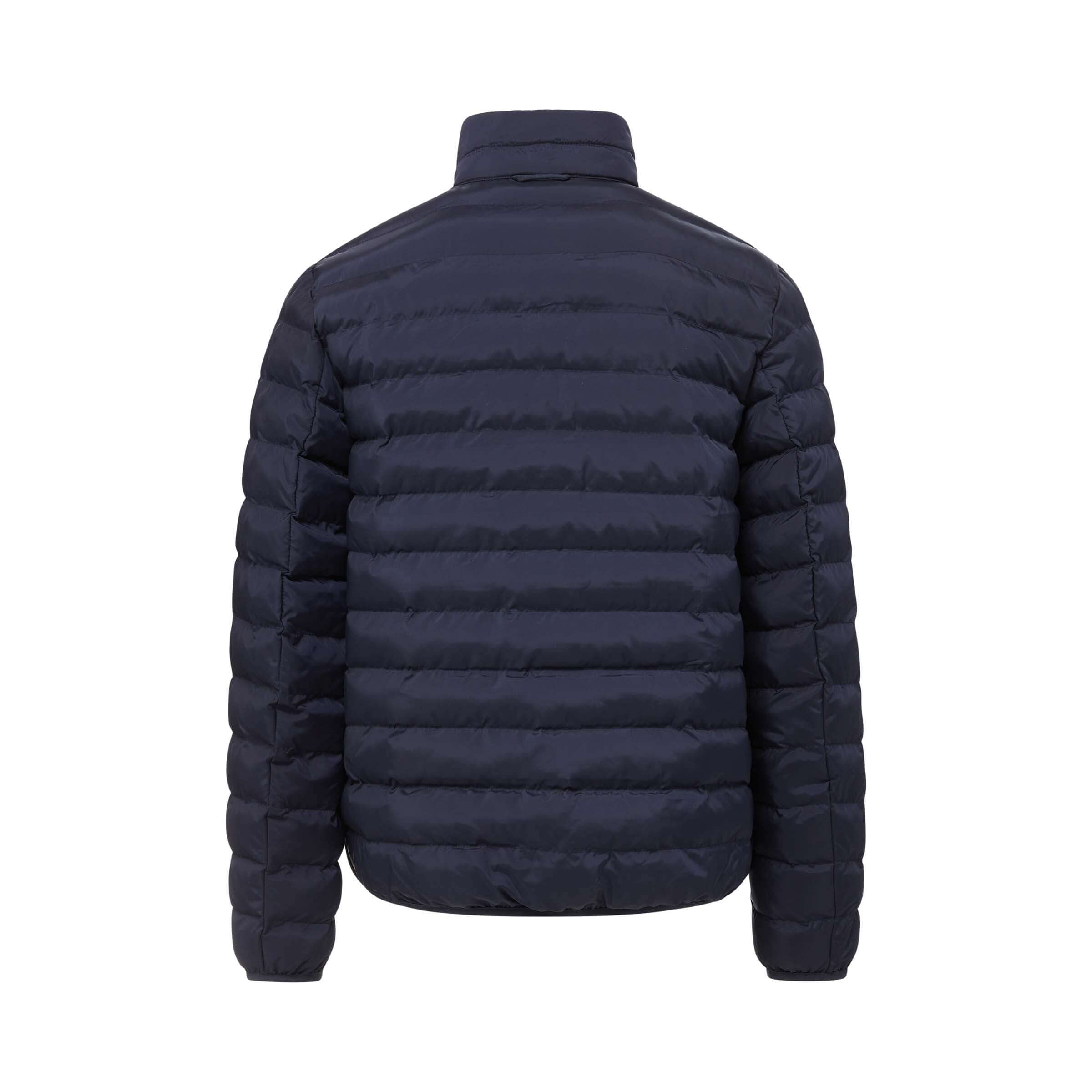 Back view of Weatherproof x MagnaReady navy water-resistant puffer jacket with subtle quilted design.