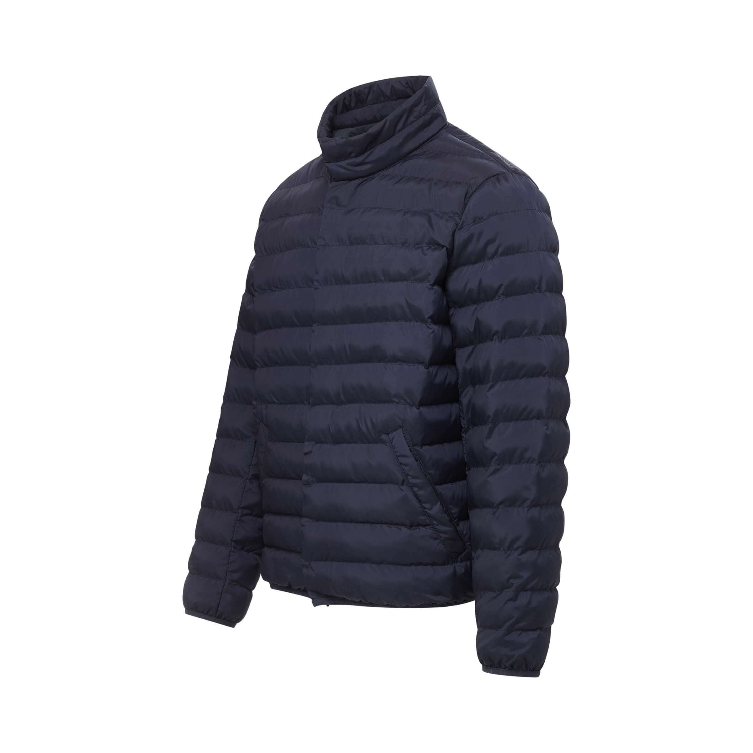 Navy puffer jacket featuring MagnaReady magnetic closure and water-resistant design, perfect for stylish comfort.