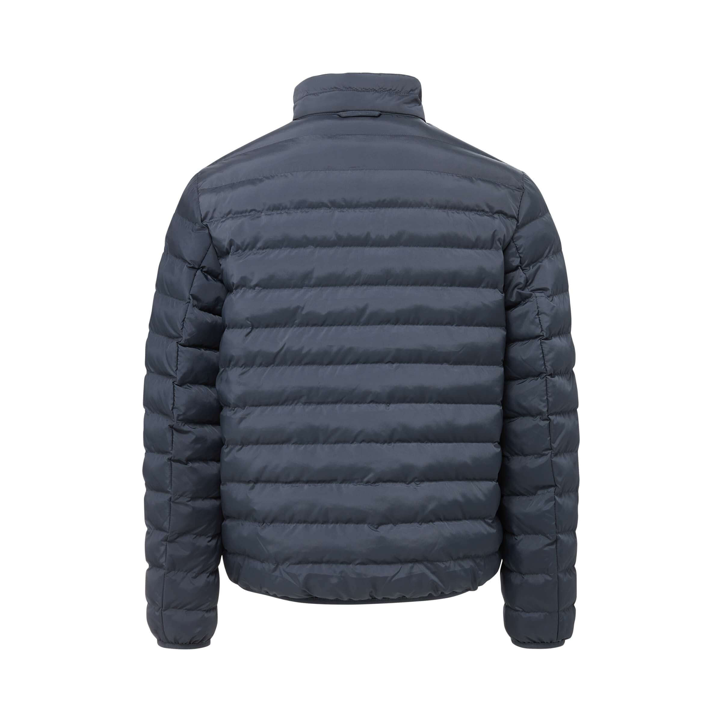 Back view of Weatherproof x MagnaReady magnetic water-resistant puffer jacket in pewter, showcasing its quilted design.