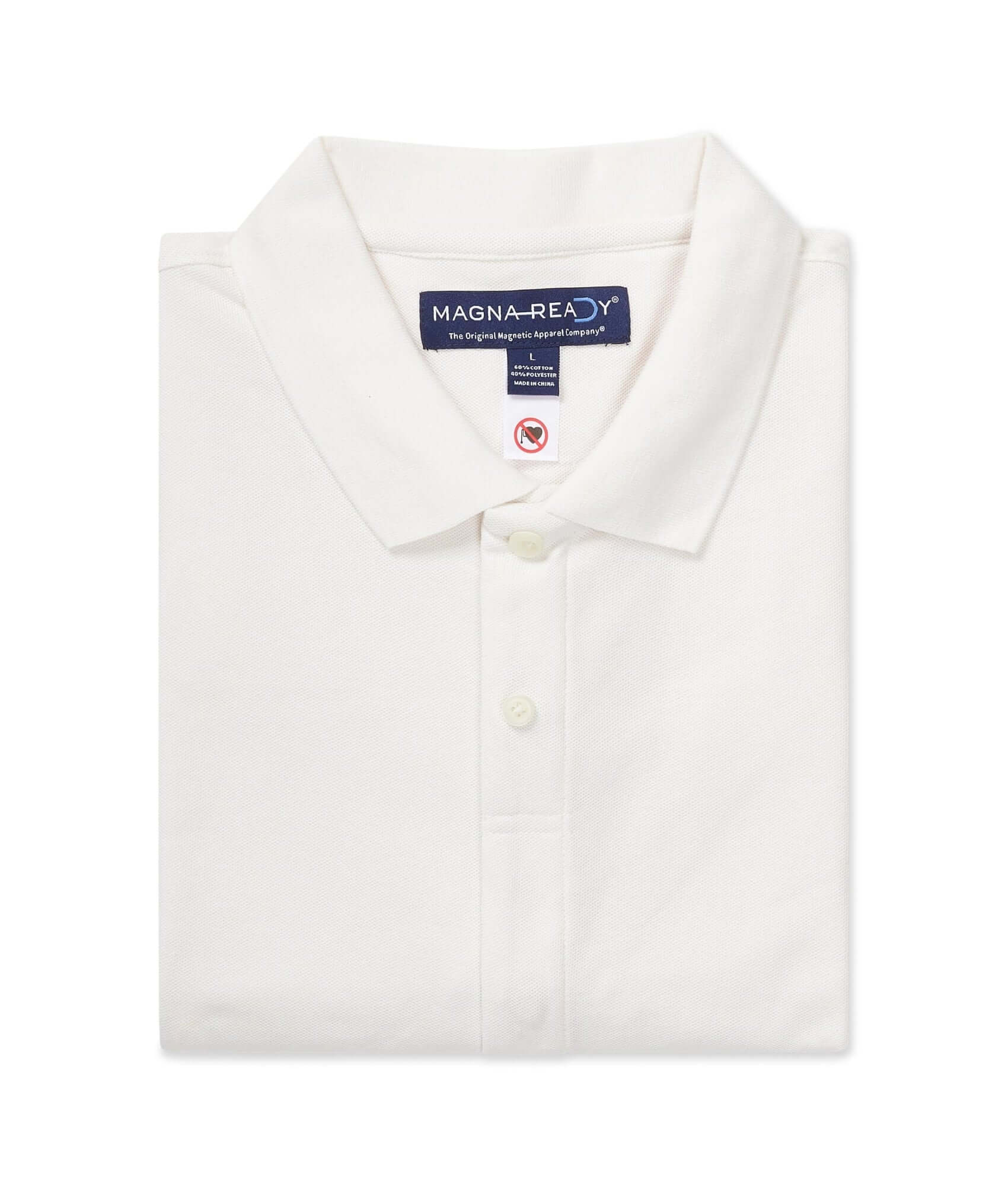 White Pique Knit Polo with Magnetic Closures, ideal for easy dressing and comfort for those with disabilities.