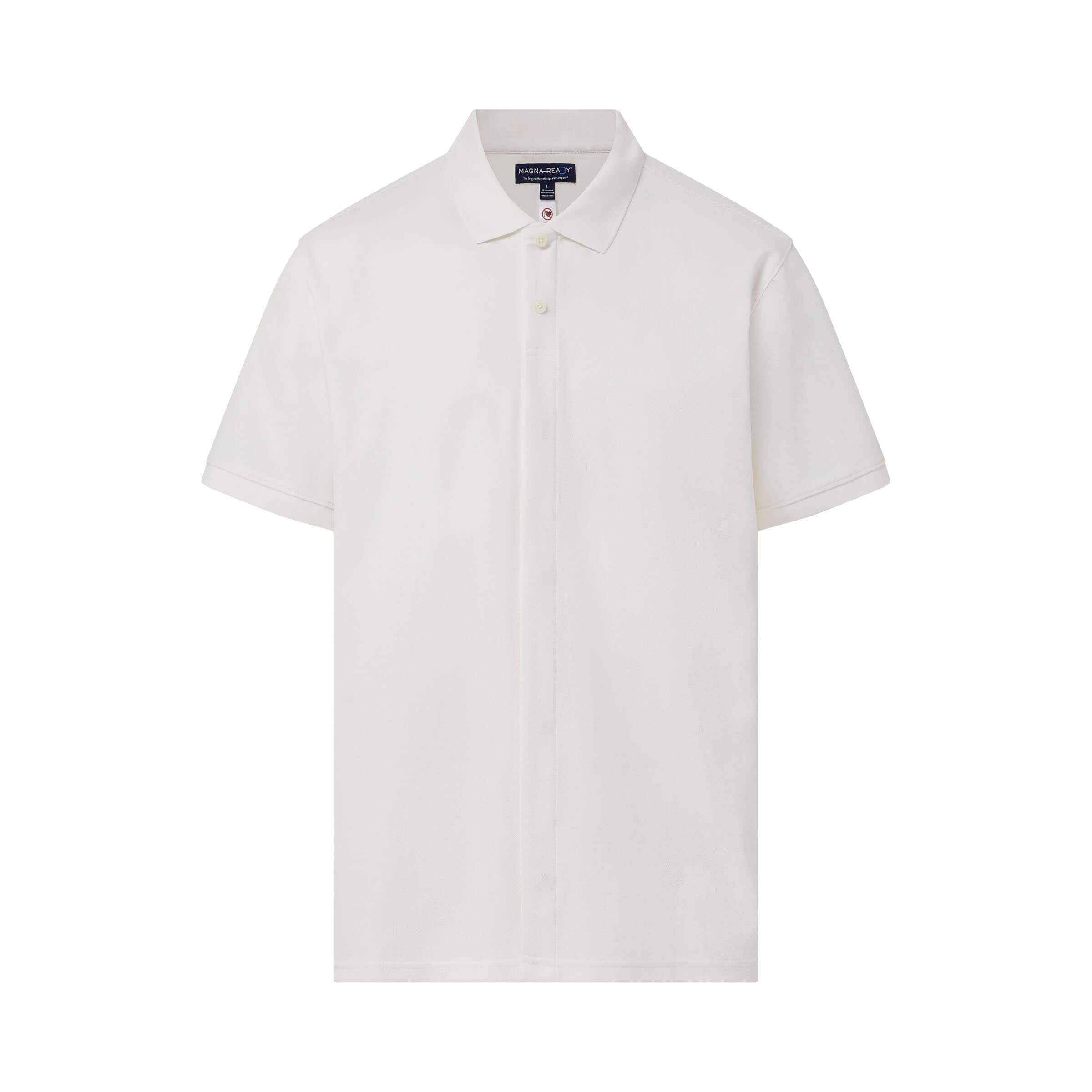White pique knit short sleeve polo shirt featuring MagnaReady® magnetic closures for easy dressing.