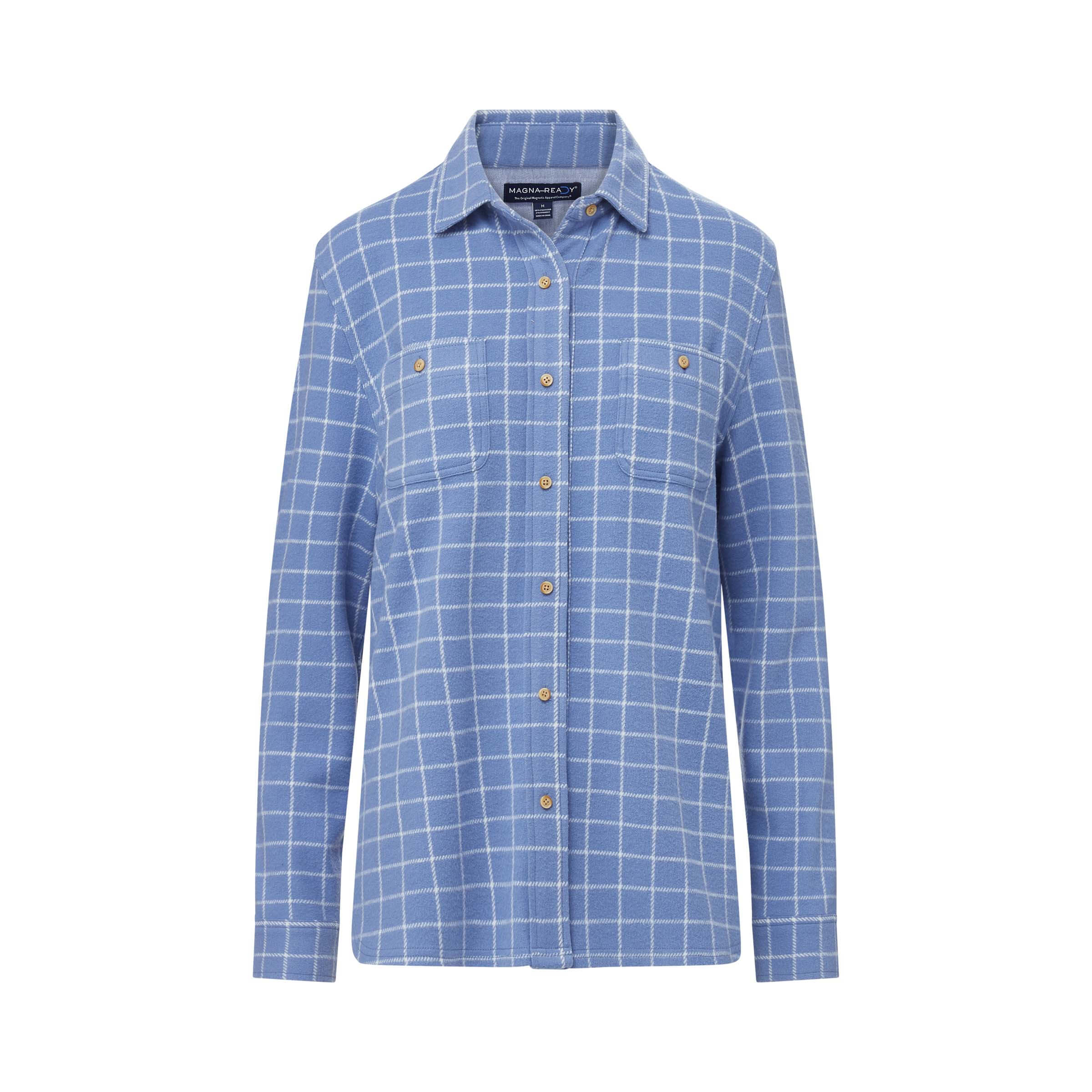 Women's blue and white window flannel shirt with curved hem and button details.