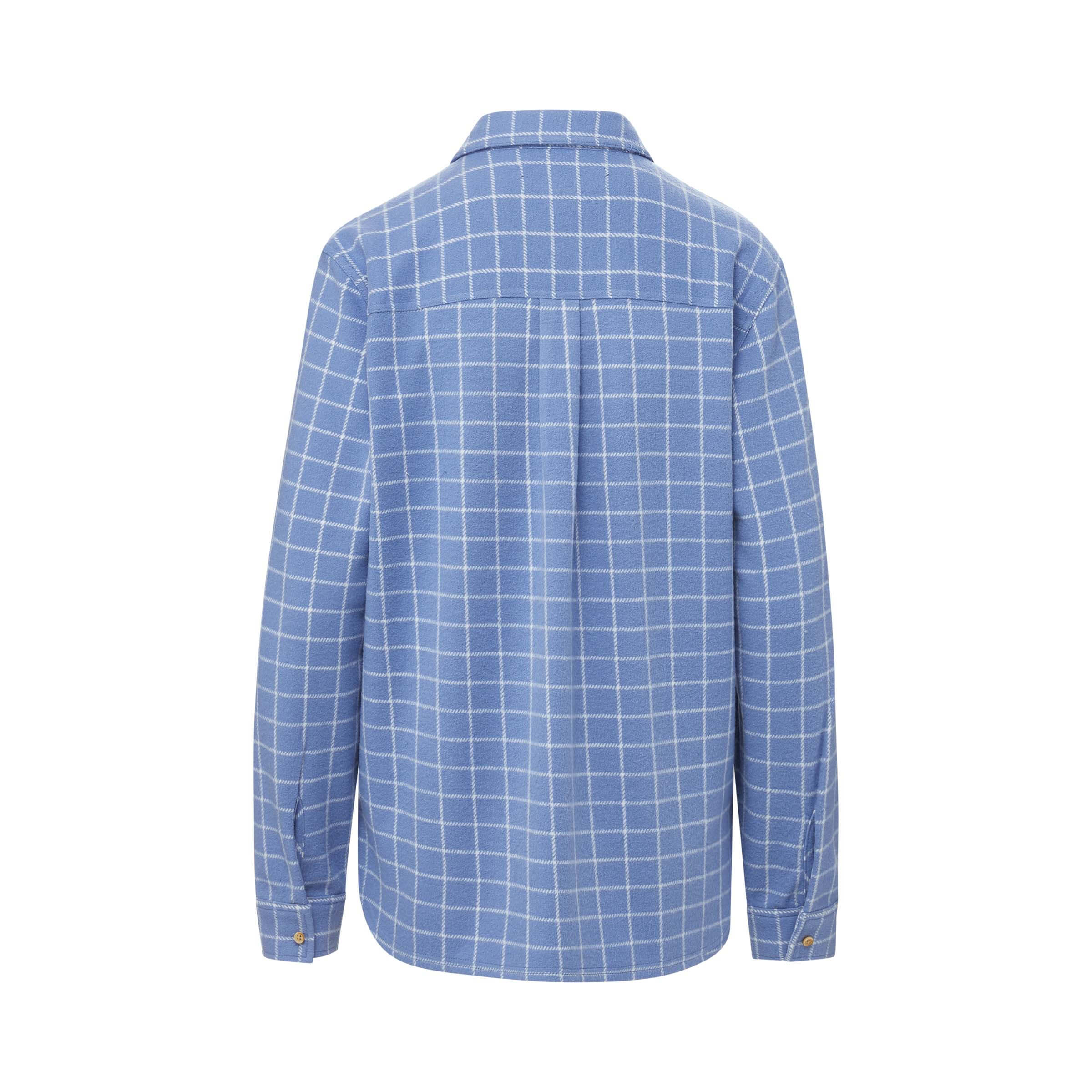 Back view of a women's blue and white flannel shirt featuring a curved hem and grid pattern.