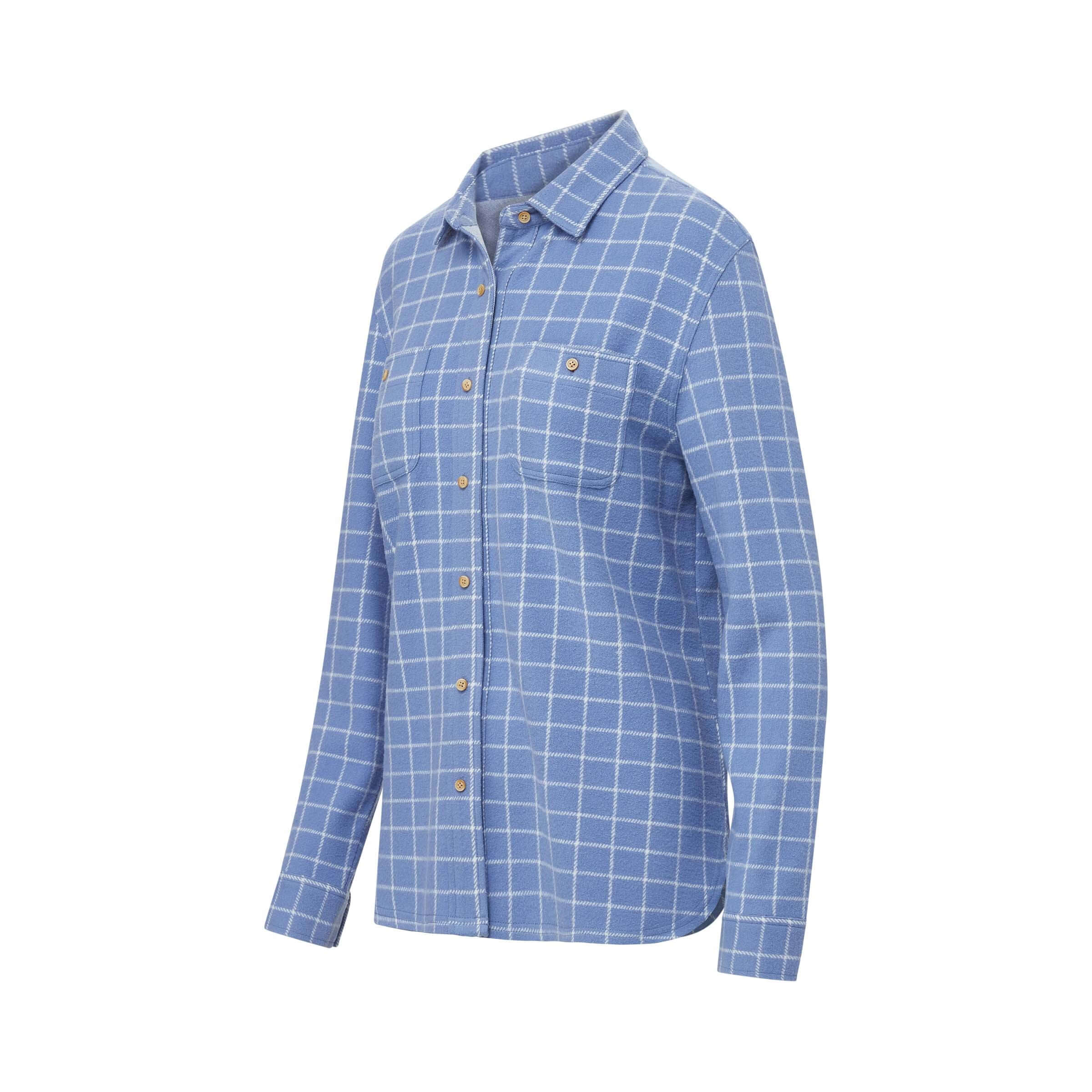 Women's blue and white window pane flannel shirt with curved hem and button front.