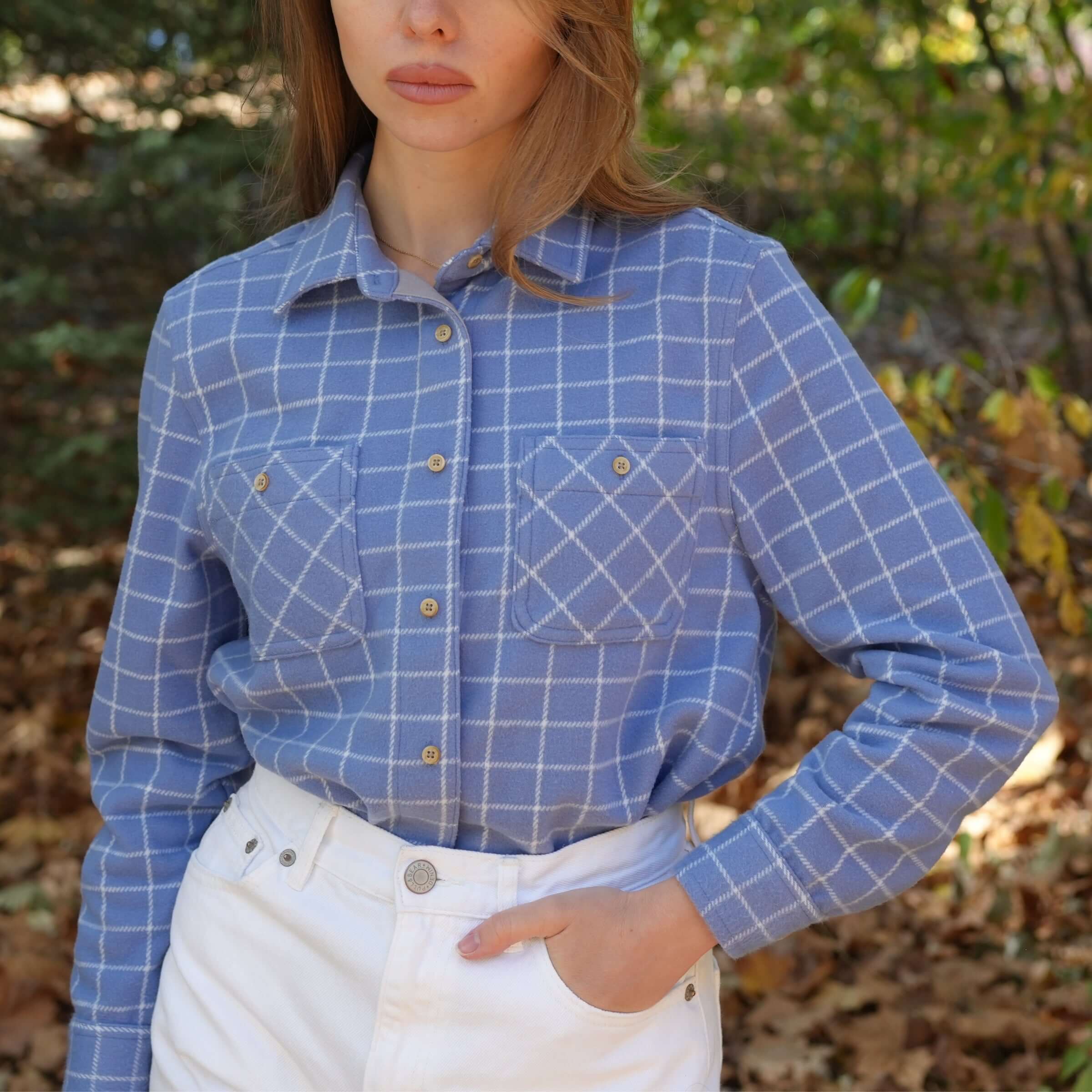 Women's blue and white window flannel shirt with two chest pockets, perfect for casual and adaptive wear.