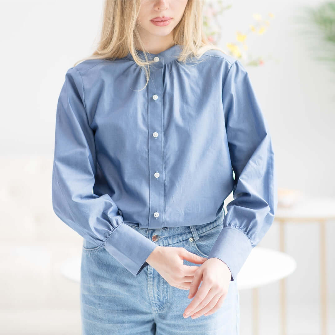 Women's Adaptive Magnetic Chambray Blouse, perfect for professional and casual occasions, featuring innovative design and elegance.