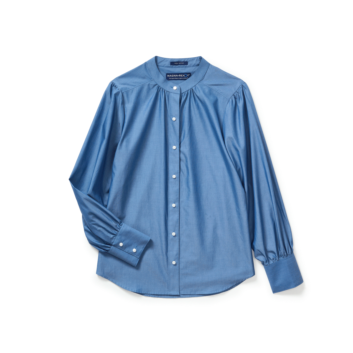 Women's Adaptive Magnetic Chambray Blouse with elegant design and button details, perfect for casual or professional wear.