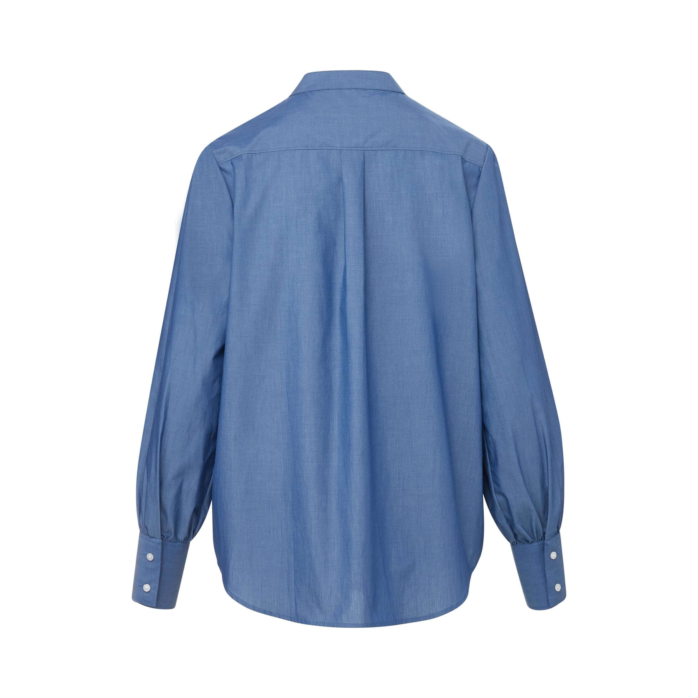 Back view of Women's Adaptive Magnetic Chambray Blouse, featuring elegant balloon sleeves and a tailored fit.