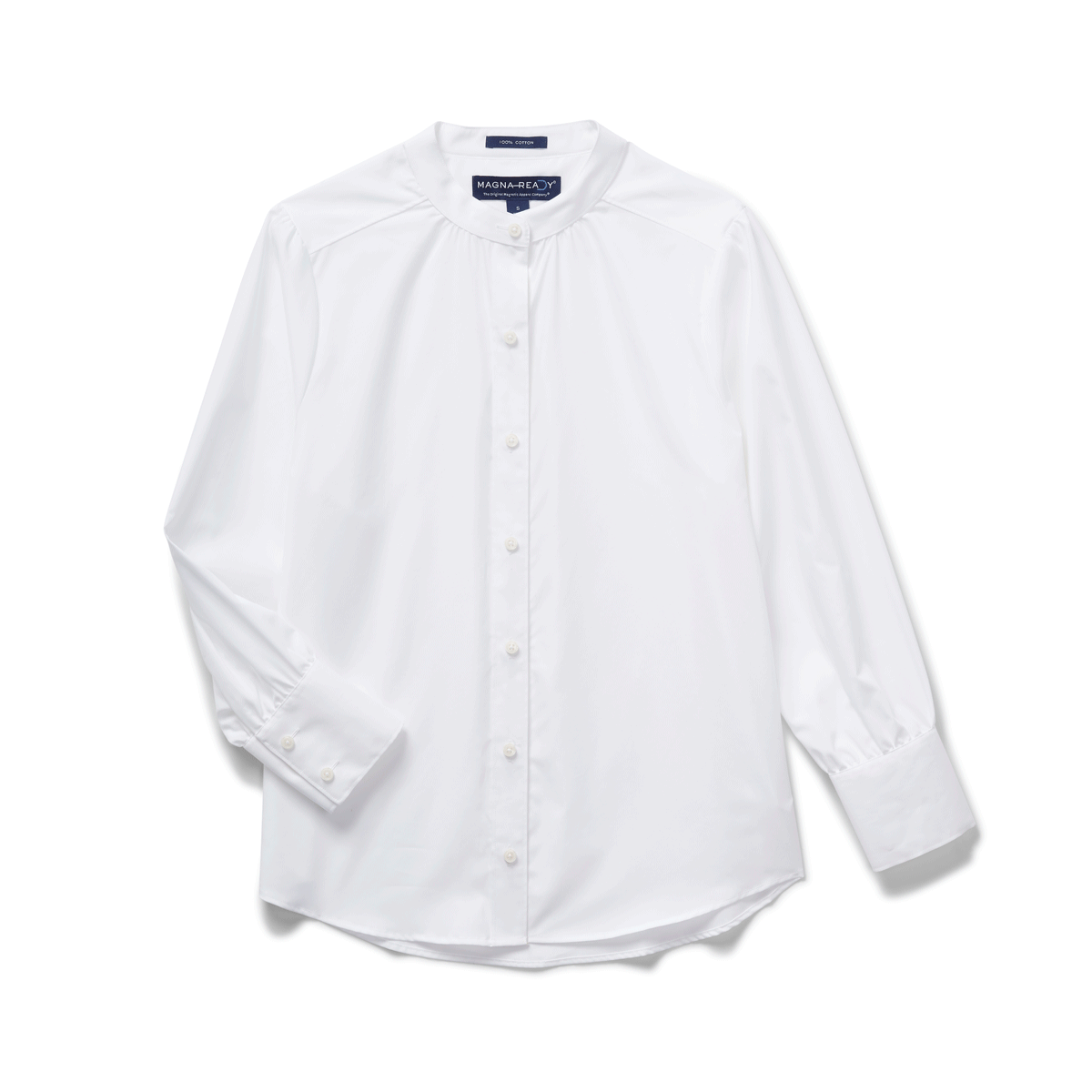 Classic white women's adaptive blouse featuring patented magnetic closure technology, perfect for any occasion.