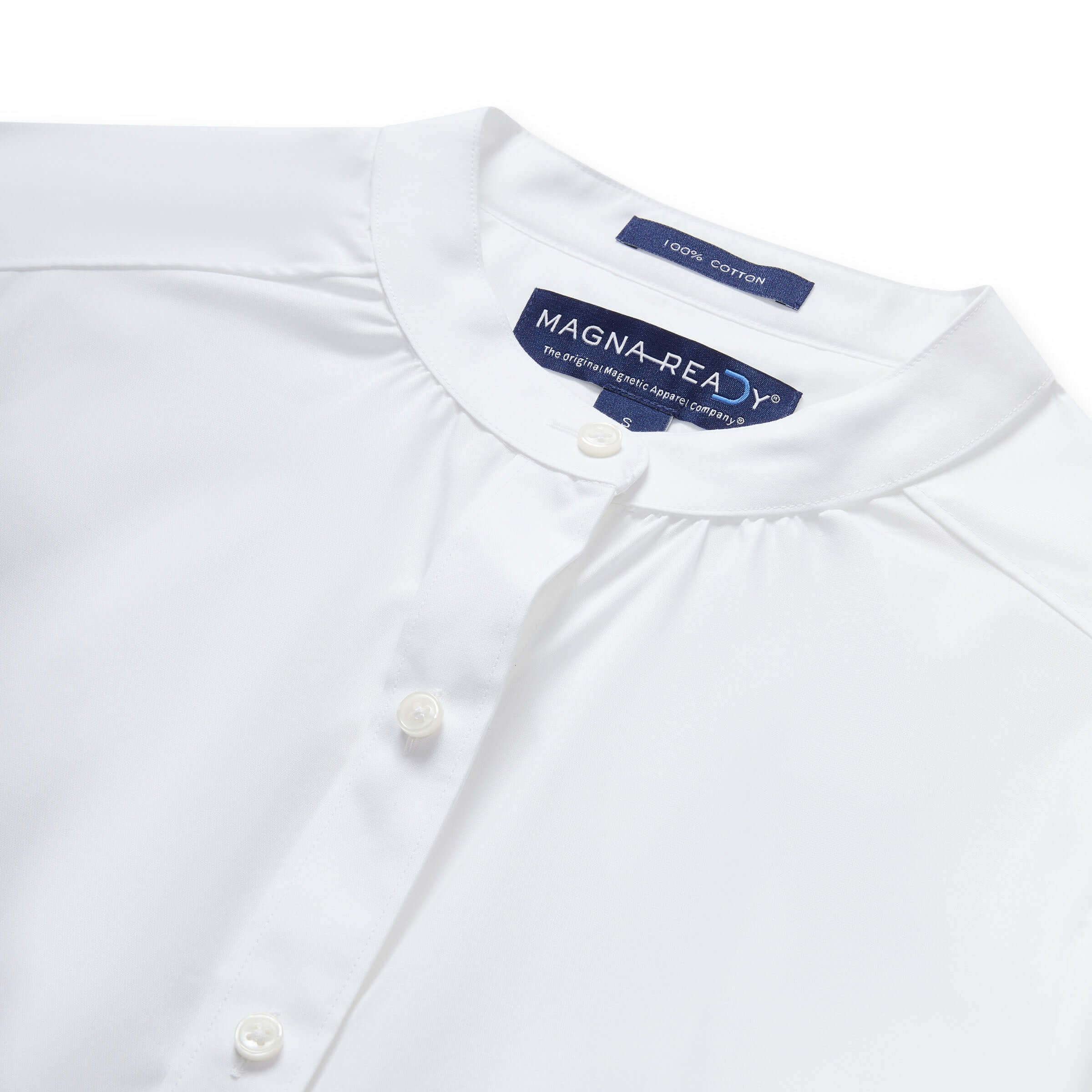 Classic white women's adaptive blouse with MagnaReady technology, featuring a stylish collar and button details.