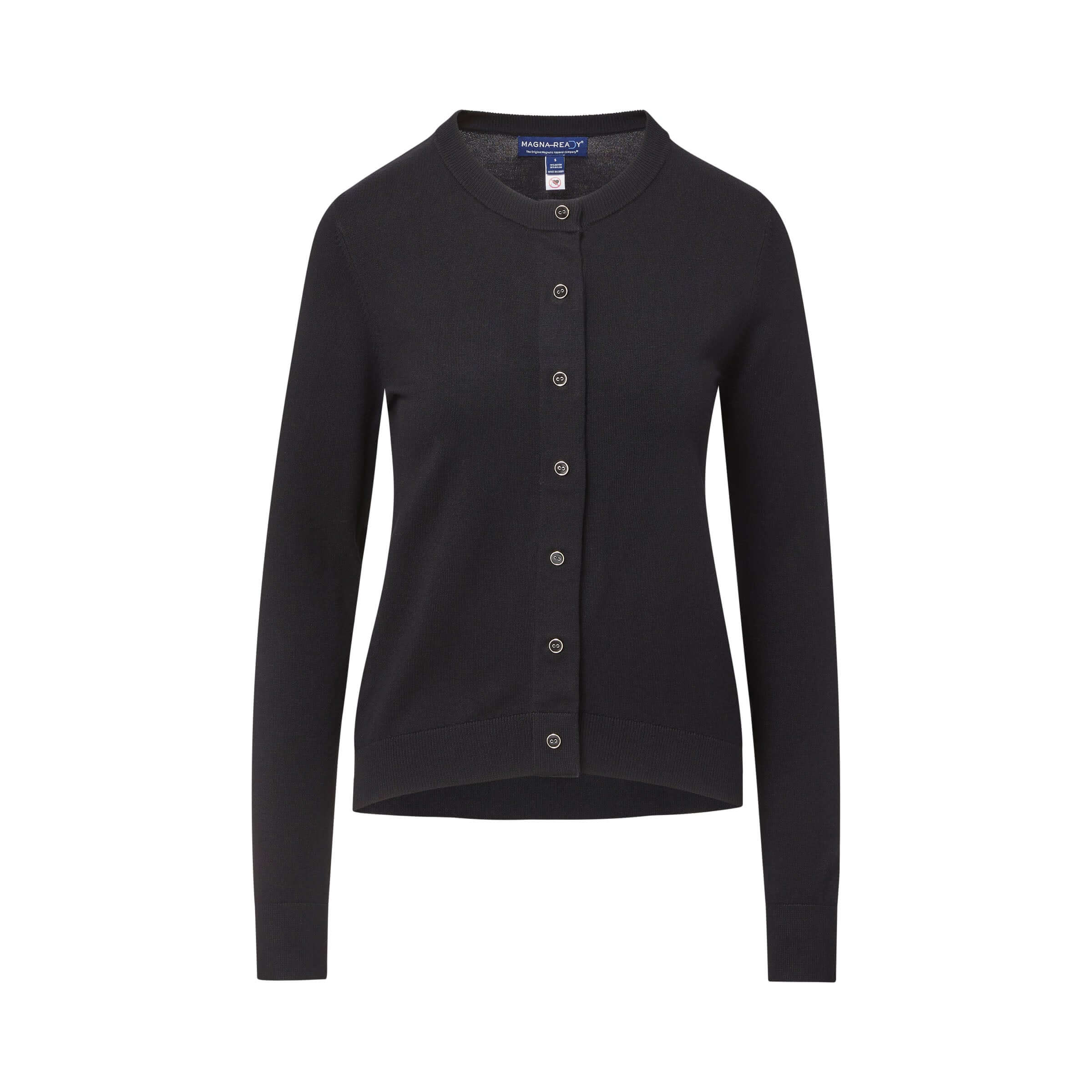 Women's black adaptive cardigan sweater with magnetic front for easy dressing, perfect for limited mobility.