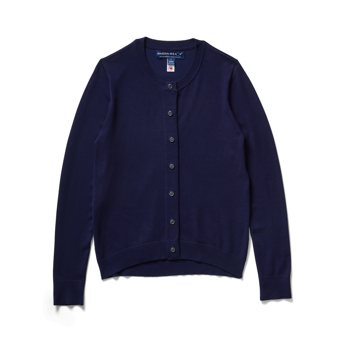 Navy women's adaptive knit cardigan sweater featuring magnetic front closure for easy wear.