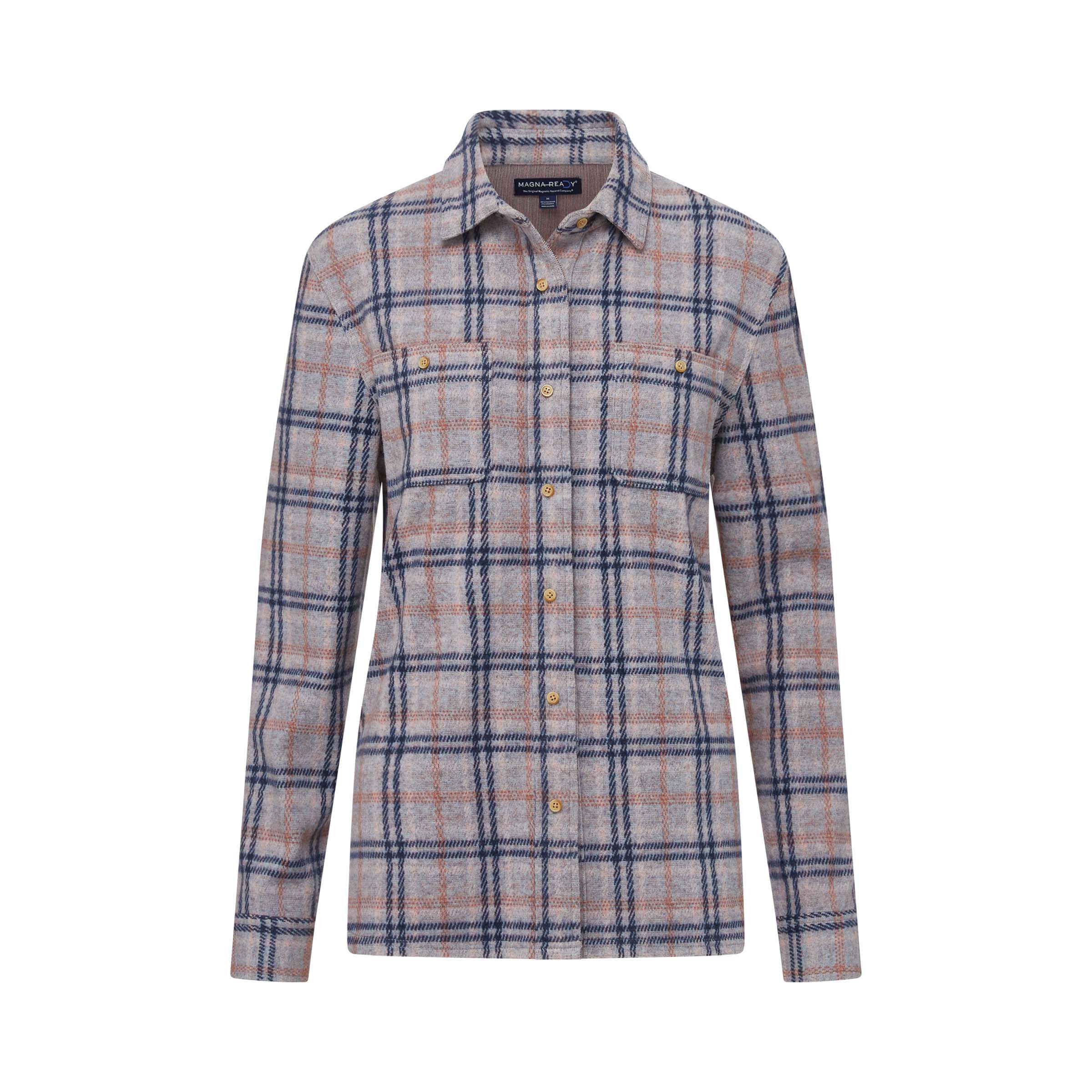 Women's adaptive flannel shirt in pink, navy, and gray plaid with a curved hem, perfect for stylish comfort.