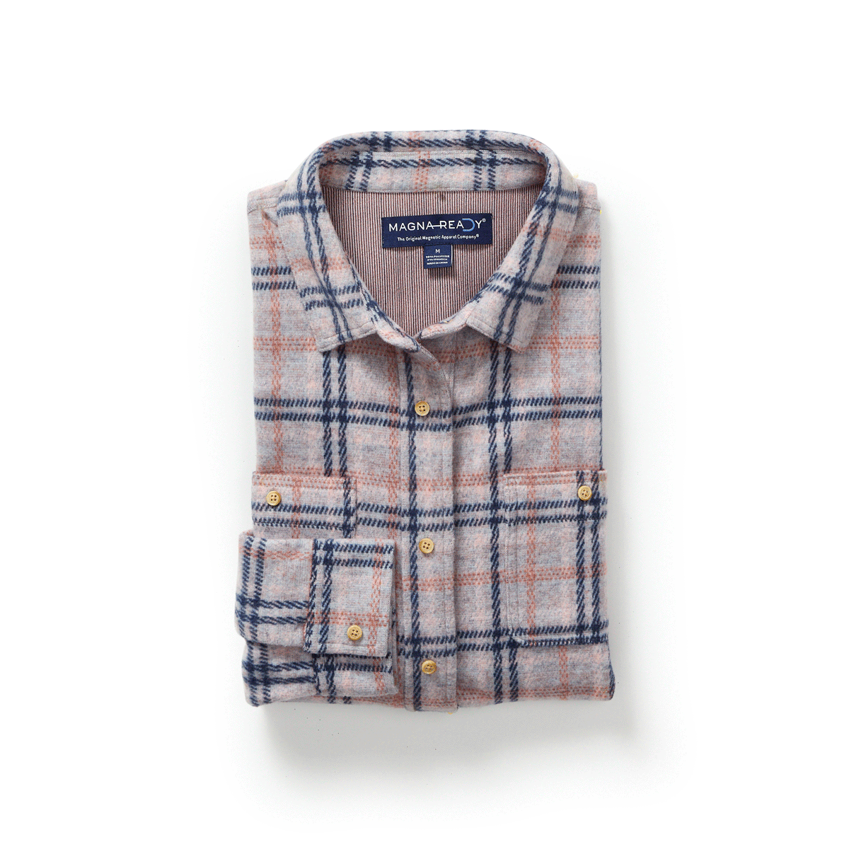 Women's adaptive flannel shirt in pink, navy, and gray, featuring a front curved hem and stylish check pattern.