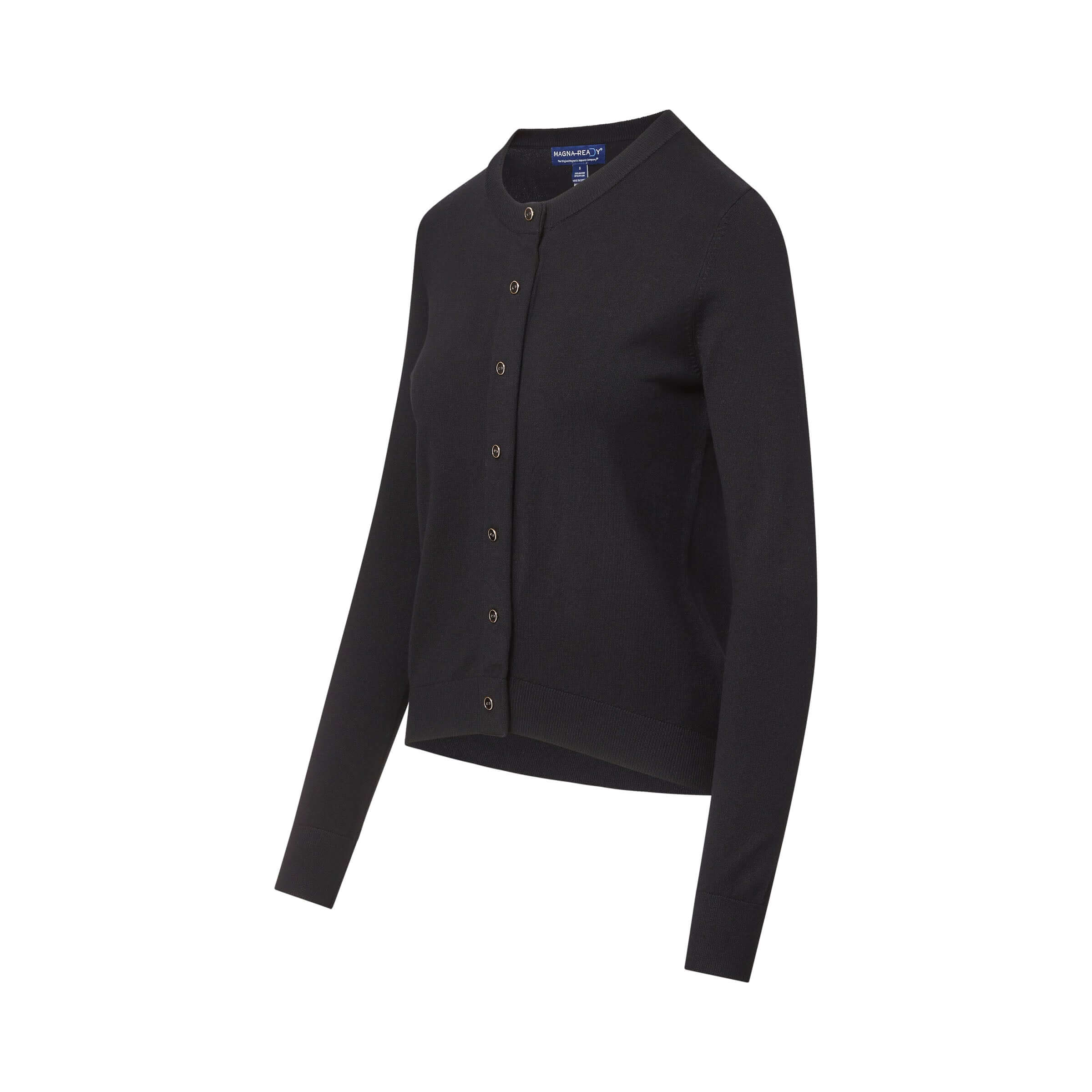 Women's black adaptive magnetic front knit cardigan sweater, designed for easy dressing.
